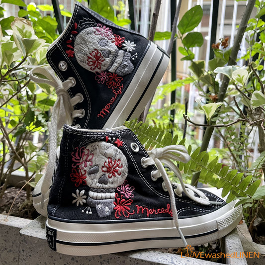 Custom Converse Chuck Taylor/ Sugar Skull Embroidered Convesre/ Sugar Skull Embroidered Sneakers/ Bone Lover Embroidered High Topvesre/ Sunflower Embroidered Converse