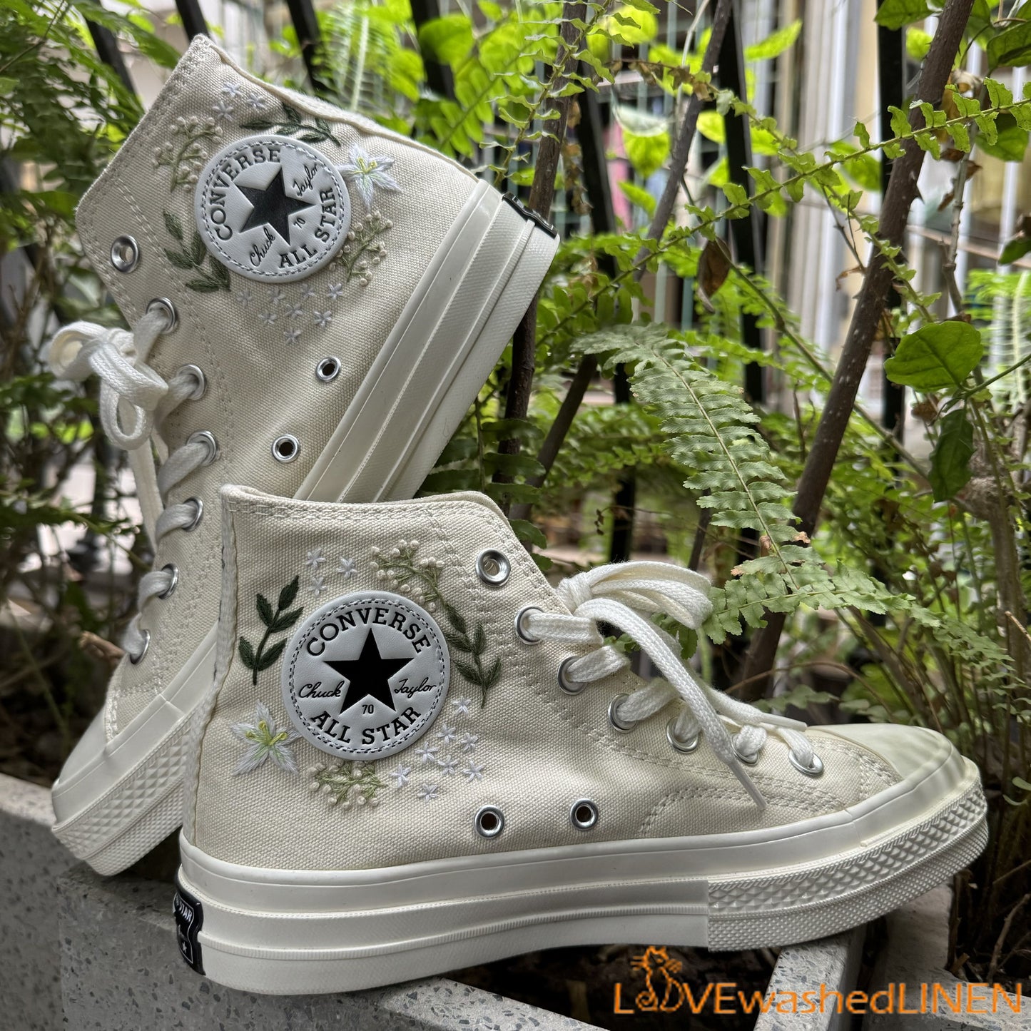 Custom Coverse Wedding Sneakers/ Cats + Flowers Embroidered Shoes/ Bridal Flowers + Pet Embroidered Sneakers/ Personalized Bride Shoes