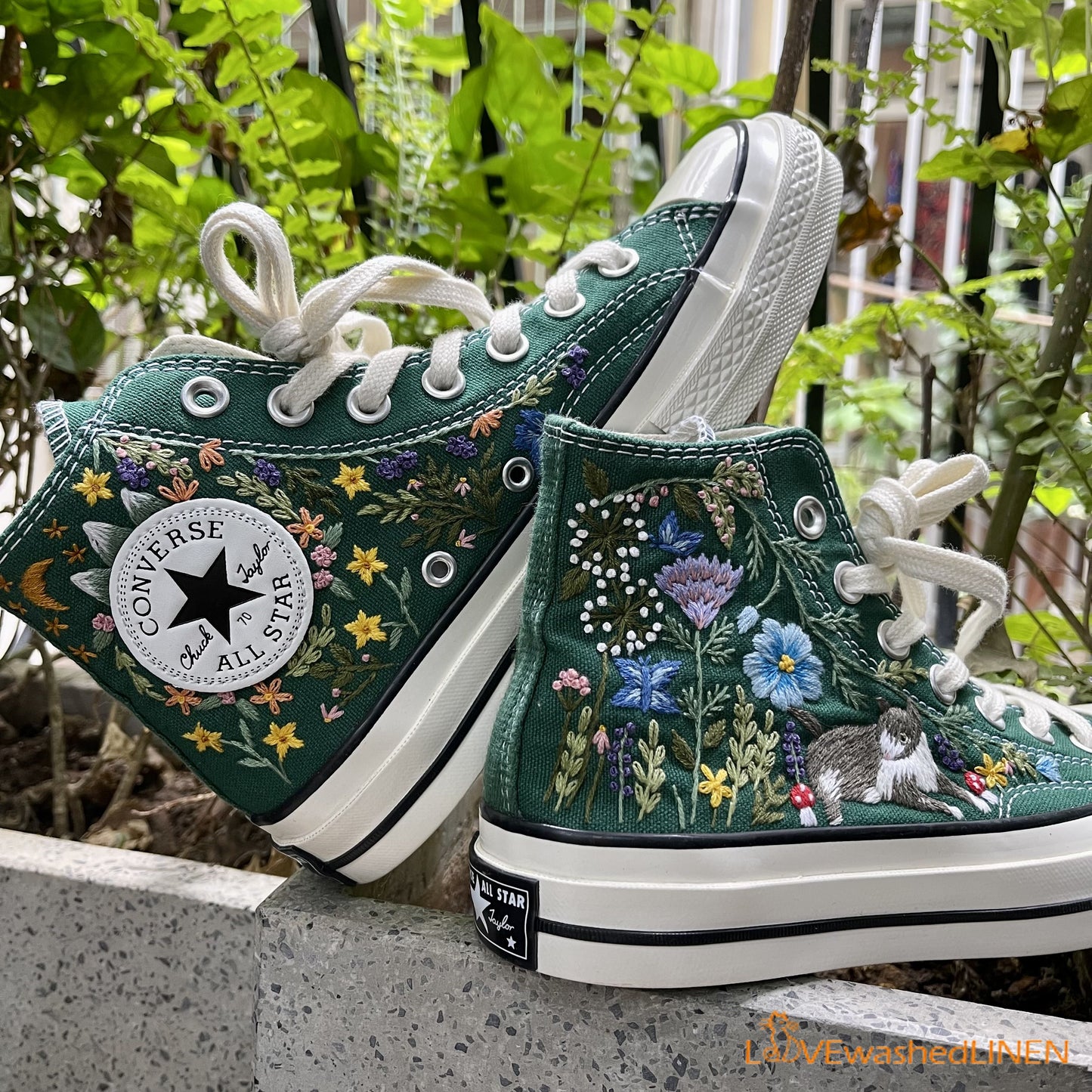 Custom Converse Chuck Taylor Embroidered/ Cat Garden Flowers Embroidered Convese Shoes/ Embroidered Converse Custom Wedding Flowers