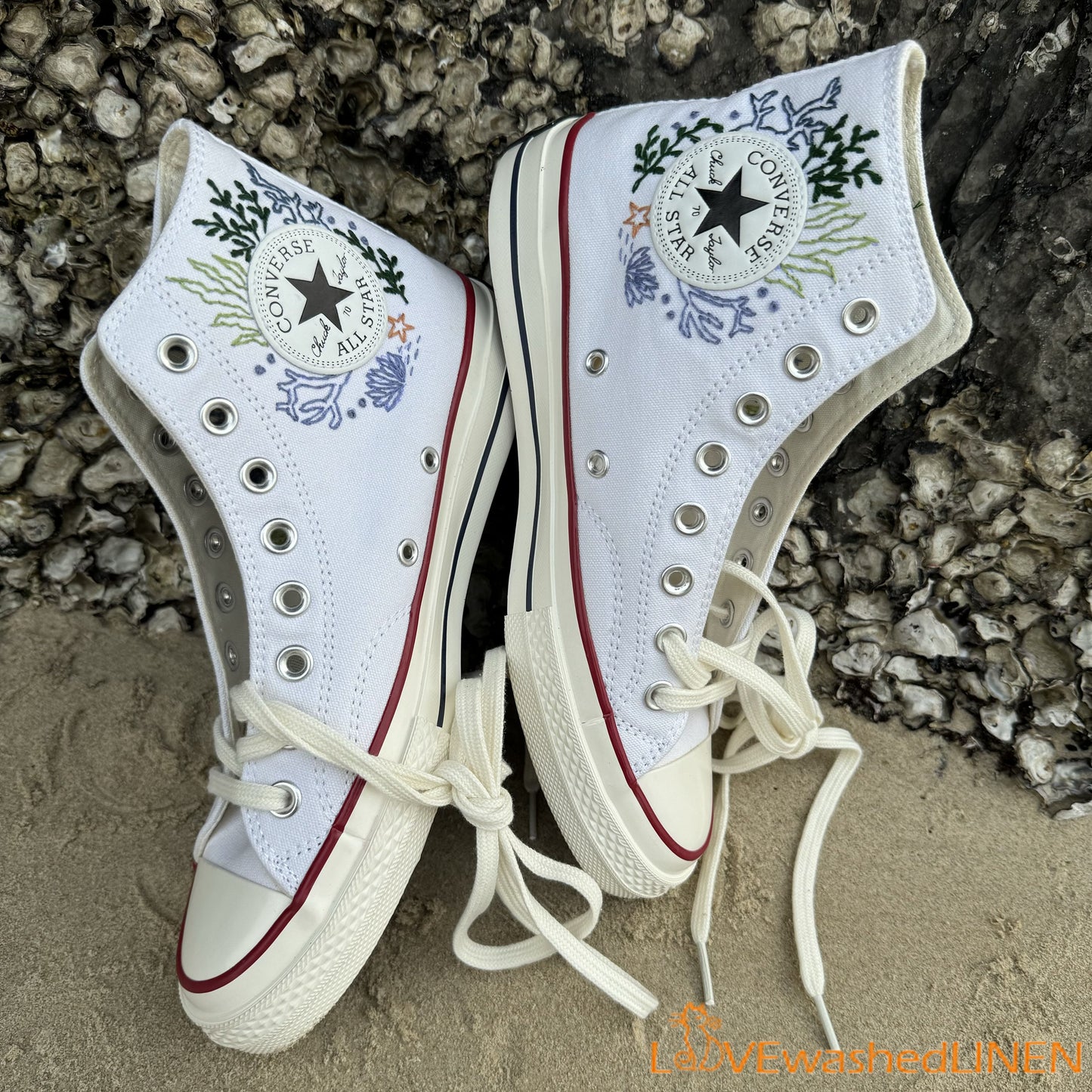 Custom Embroidered Converse High Tops/ Custom Converse Chuck Taylor 1970s Shark Embroidered/ Ocean Vibes Embroidered