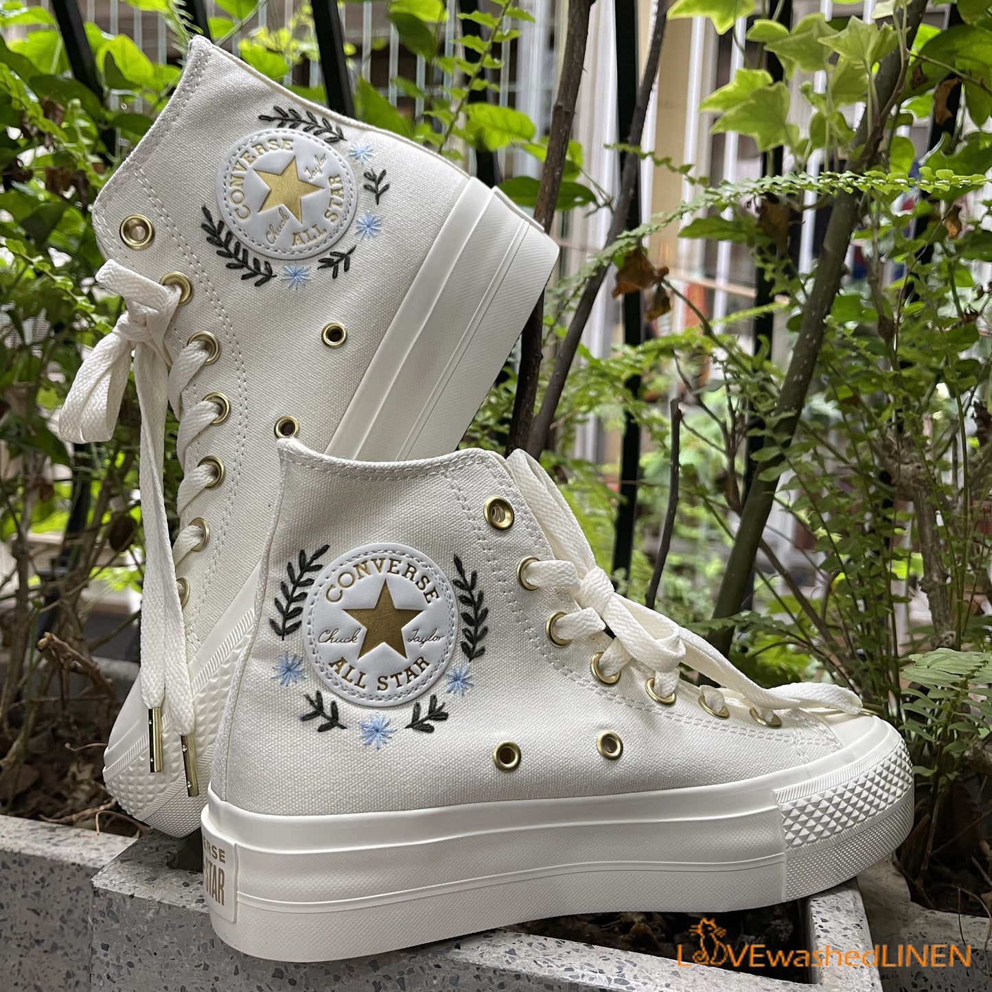 Custom Coverse Platform/Wedding Flowers Embroidered Converse/Bridal Flowers Embroidered Sneakers/Wedding Flowers Embroidered Sneakers/