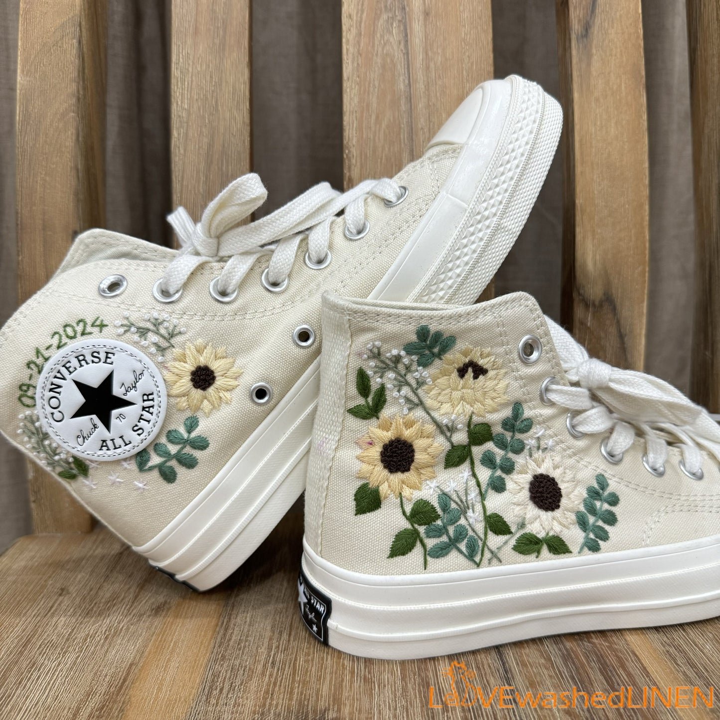 Custom Shoes Taylor 1970s/ Wedding Flowers Embroidered Sneakers/ Bridal Sunflower bouquet embroidered Shoes/ Sunflowers Embroidered Sneakers