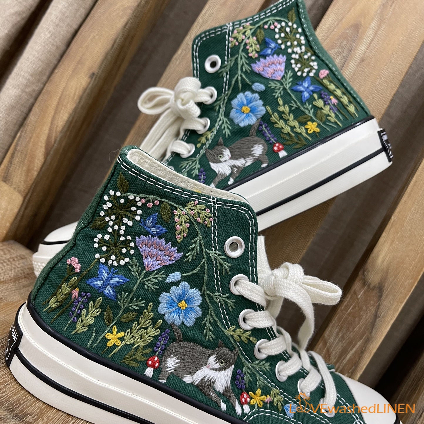 Custom Converse Chuck Taylor Embroidered/ Cat Garden Flowers Embroidered Convese Shoes/ Embroidered Converse Custom Wedding Flowers