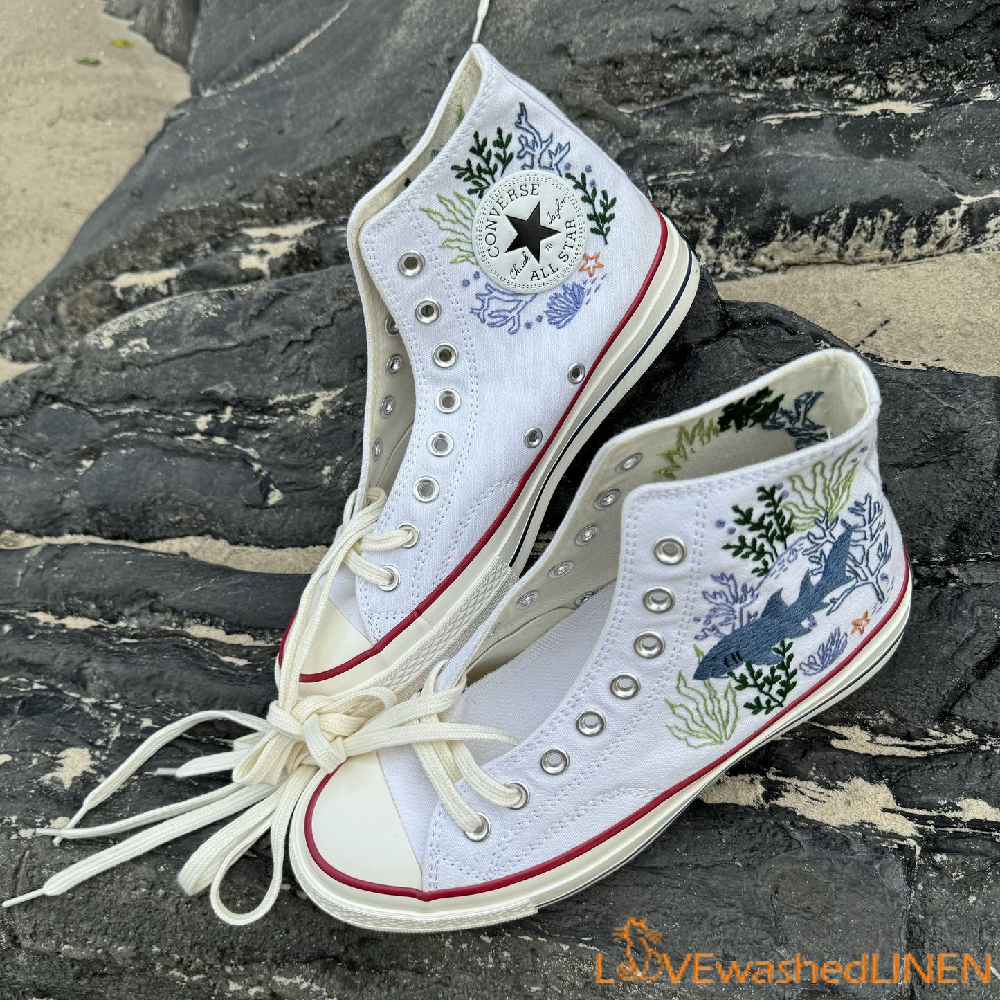 Custom Embroidered Converse High Tops/ Custom Converse Chuck Taylor 1970s Shark Embroidered/ Ocean Vibes Embroidered