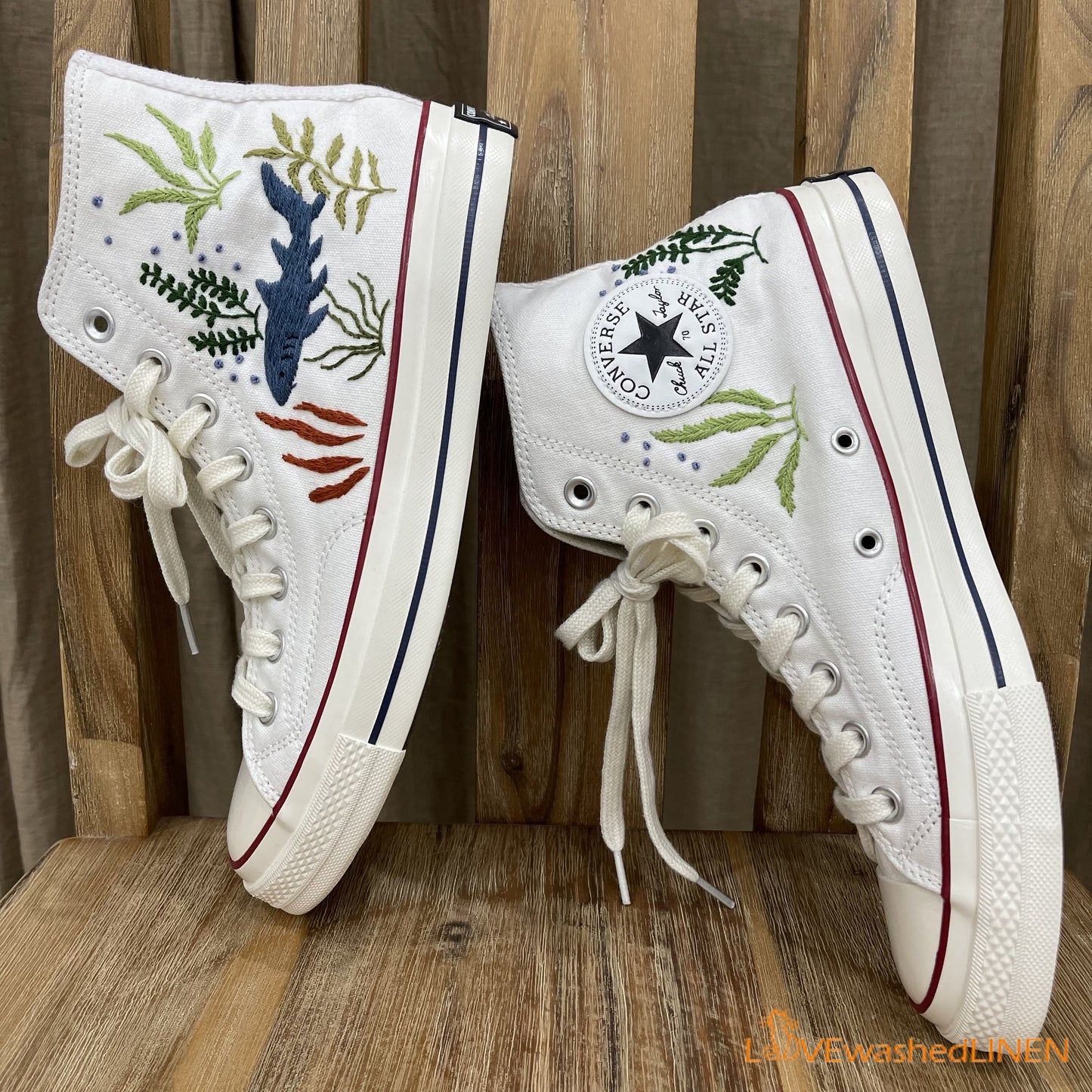 Custom Embroidered Converse High Tops/ Custom Converse Chuck Taylor 1970s Shark Embroidered / Ocean Vibes Embroidered