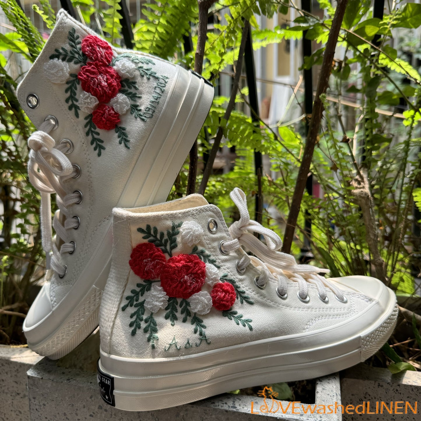 Custom Embroidered Wedding Sneakers/ Wedding Flowers Embroidered Shoes/ Bridal Flowers Embroidered Sneakers / Personalized Bridal Sneaker