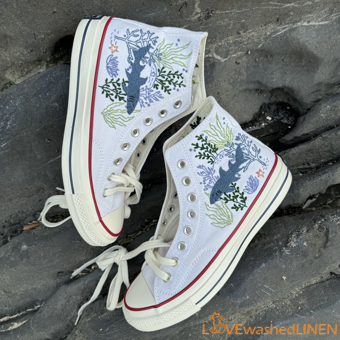 Custom Embroidered Converse High Tops/ Custom Converse Chuck Taylor 1970s Shark Embroidered/ Ocean Vibes Embroidered