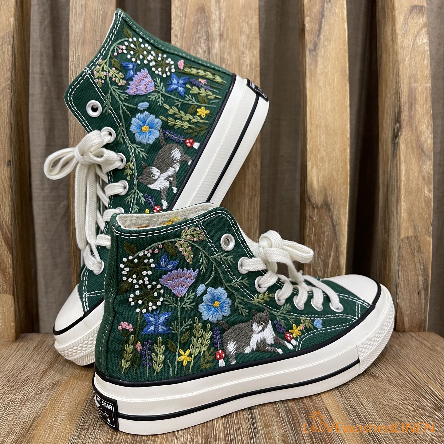 Custom Converse Chuck Taylor Embroidered/ Cat Garden Flowers Embroidered Convese Shoes/ Embroidered Converse Custom Wedding Flowers