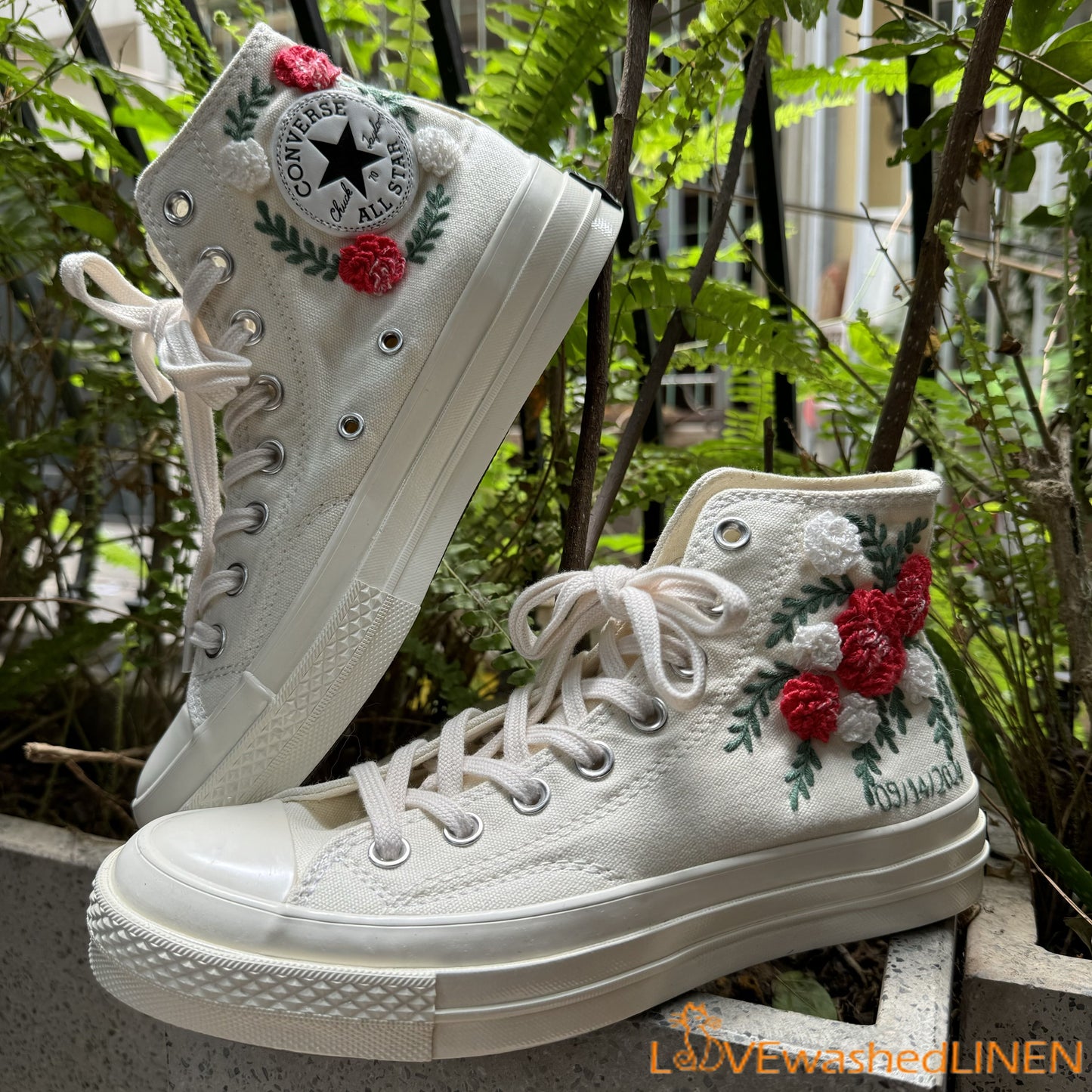 Custom Embroidered Wedding Sneakers/ Wedding Flowers Embroidered Shoes/ Bridal Flowers Embroidered Sneakers / Personalized Bridal Sneaker