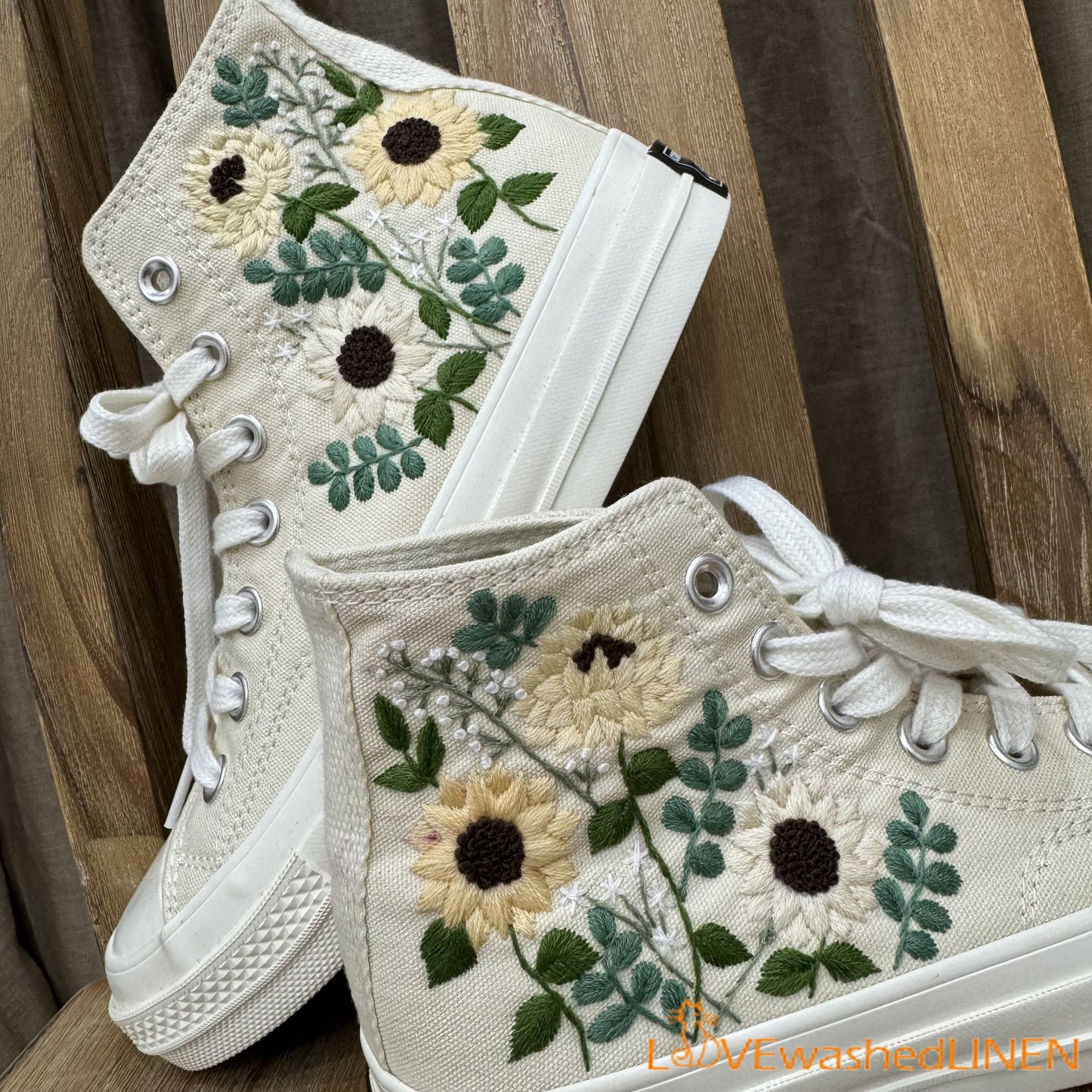 Custom Shoes Taylor 1970s/ Wedding Flowers Embroidered Sneakers/ Bridal Sunflower bouquet embroidered Shoes/ Sunflowers Embroidered Sneakers