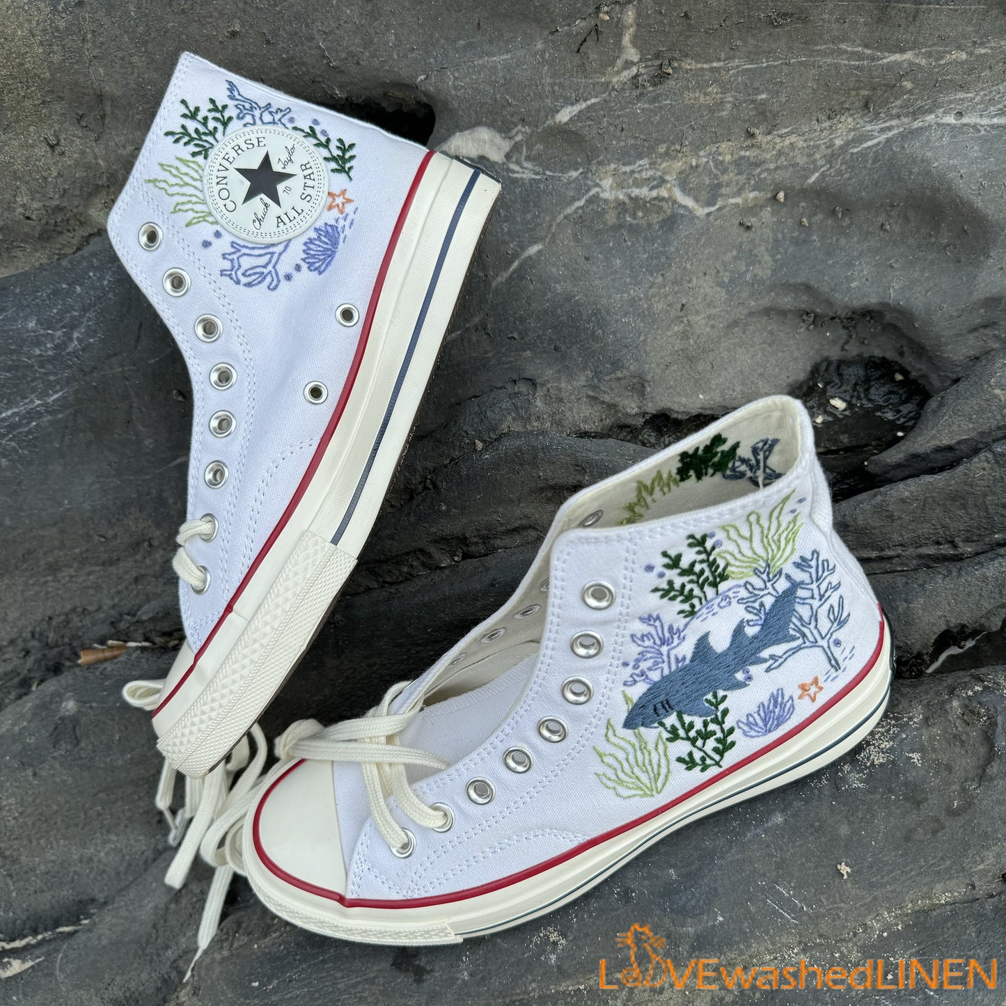 Custom Embroidered Converse High Tops/ Custom Converse Chuck Taylor 1970s Shark Embroidered/ Ocean Vibes Embroidered