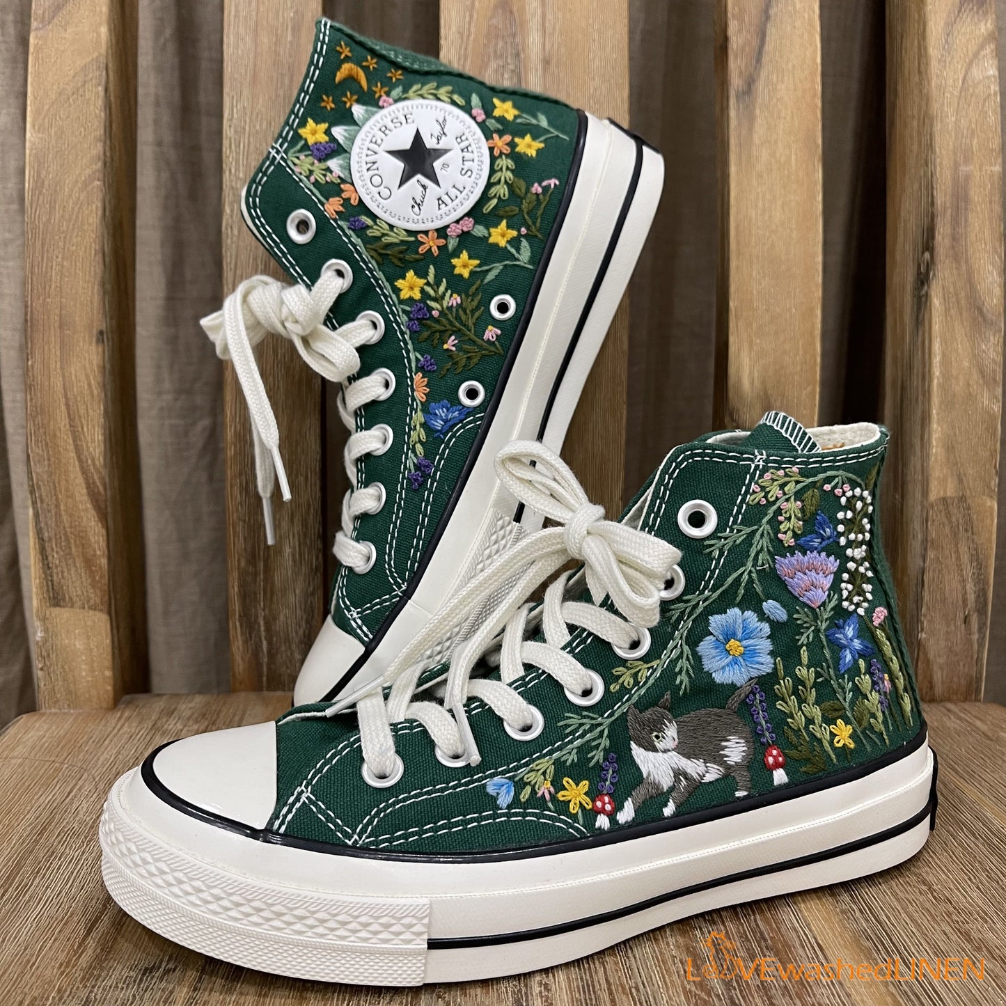 Custom Converse Chuck Taylor Embroidered/ Cat Garden Flowers Embroidered Convese Shoes/ Embroidered Converse Custom Wedding Flowers