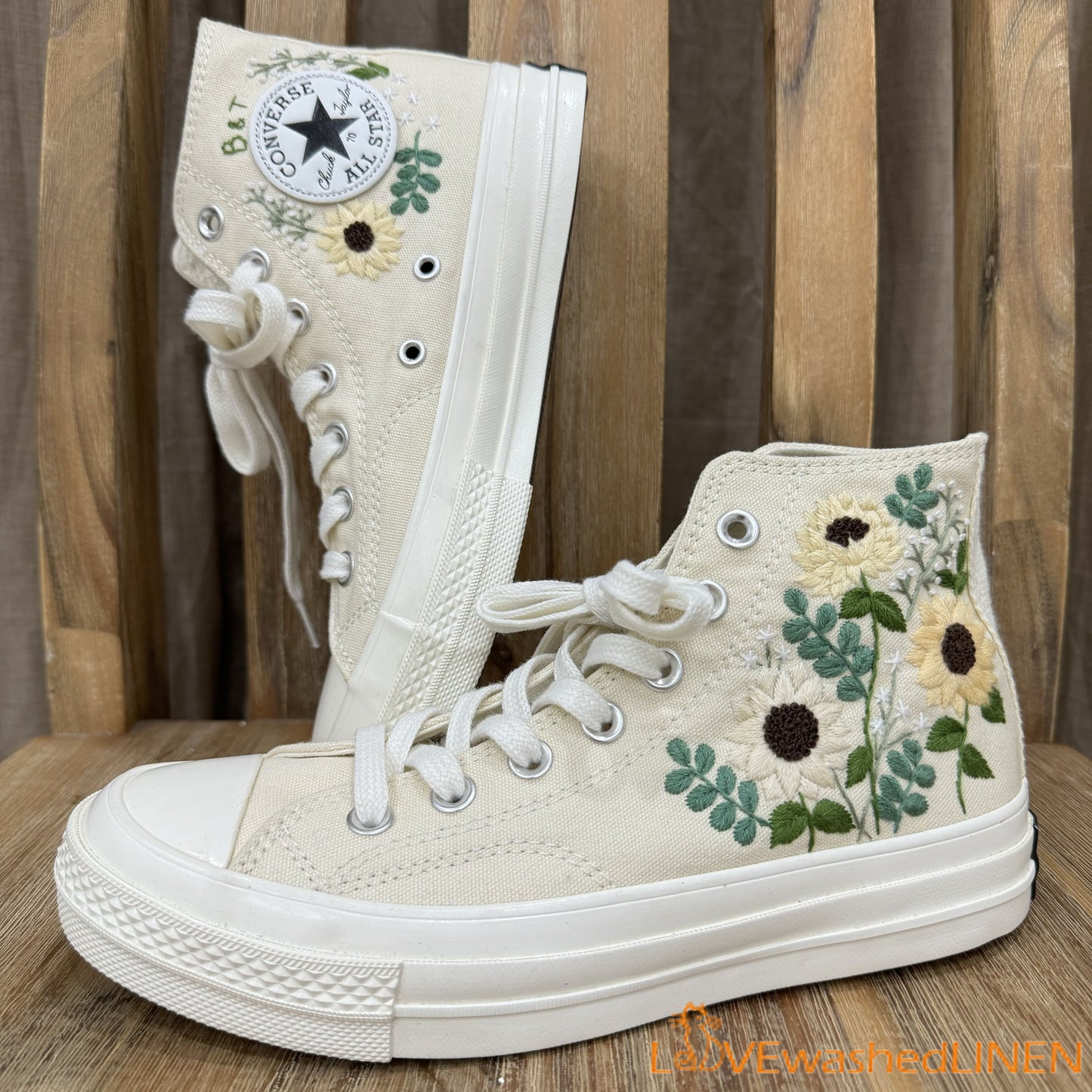 Custom Shoes Taylor 1970s/ Wedding Flowers Embroidered Sneakers/ Bridal Sunflower bouquet embroidered Shoes/ Sunflowers Embroidered Sneakers