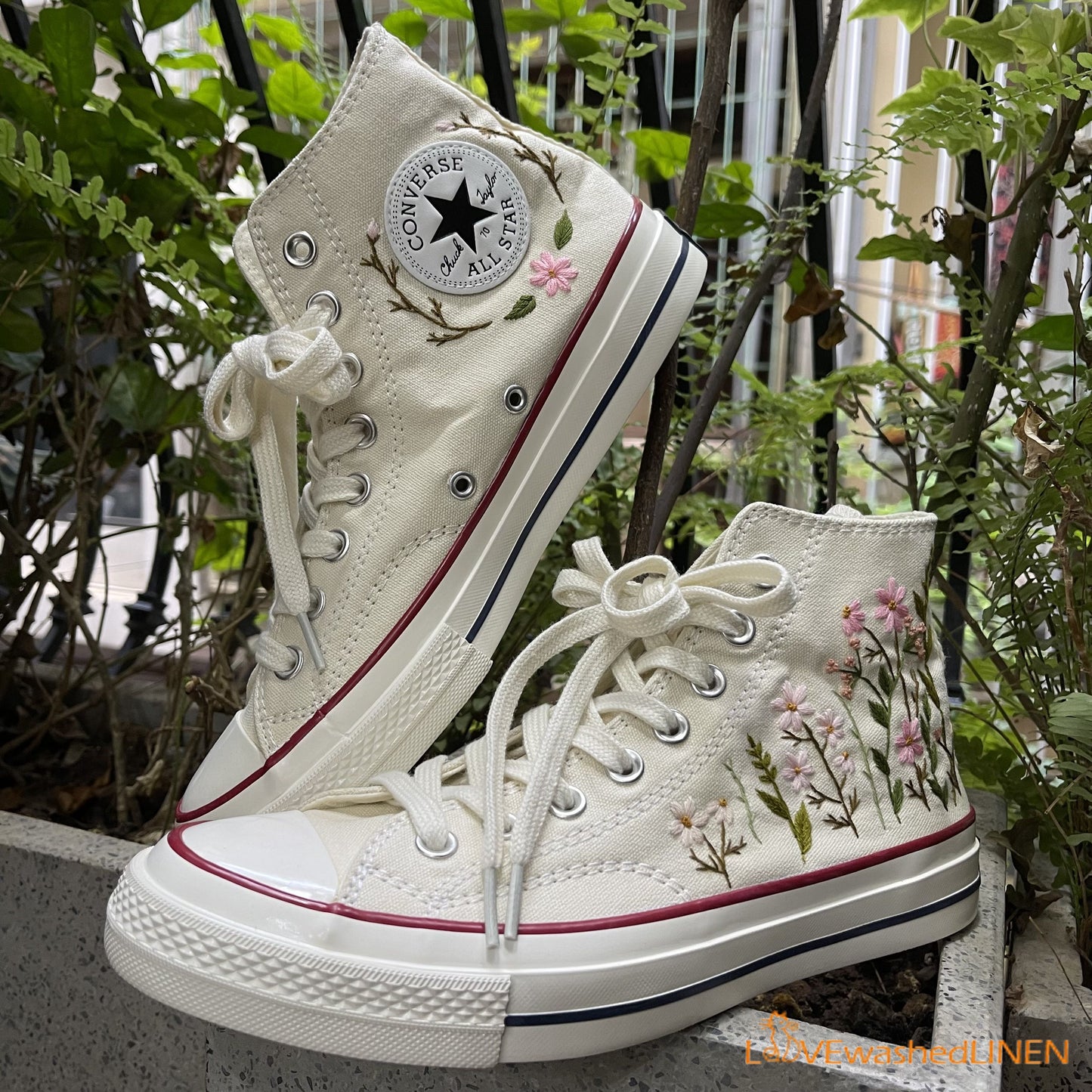 Custom Embroidered Converse High Tops/ Custom Converse Chuck Taylor 1970s Embroidered Daisy Flower/ Wedding sneakers/ Wedding Gift