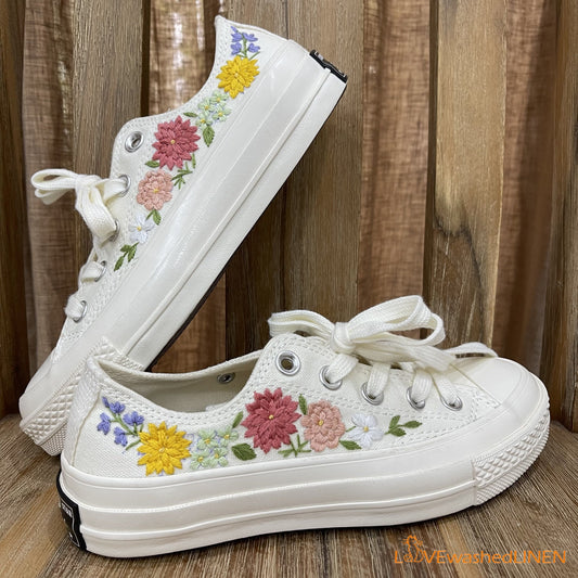 Custom Wedding Sneakers/ Wedding Flowers Embroidered Shoes/ Bridal Flowers Embroidered Sneakers Wedding Flowers Embroidered Sneakers/