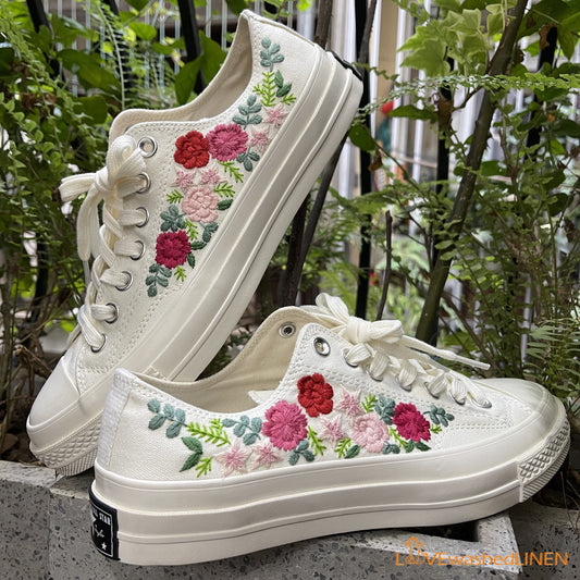 Custom Wedding Converse/ Wedding Flowers Embroidered Shoes/ Bridal Flowers Embroidered Sneakers/ Wedding Bouquet Embroidered Sneakers