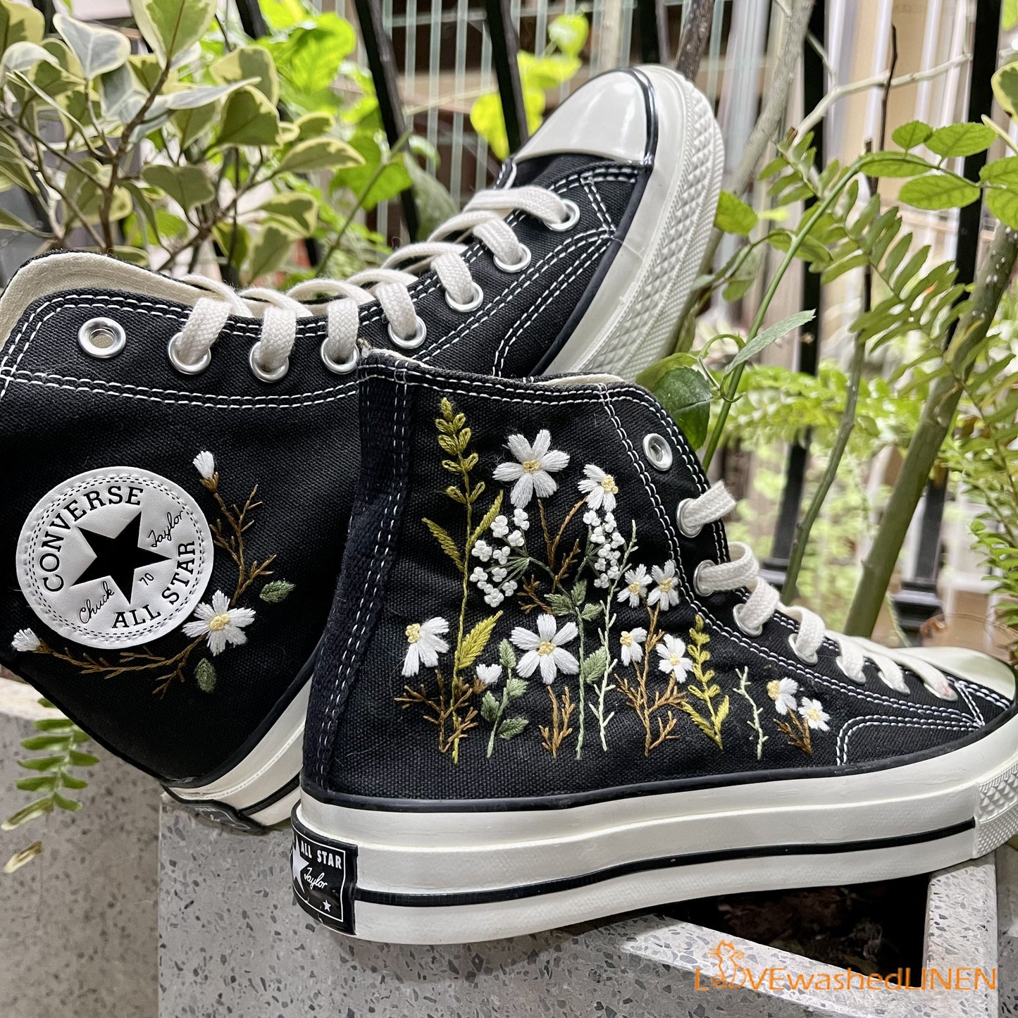 Custom Embroidered Converse High Tops/ Custom Converse Chuck Taylor 1970s Embroidered Daisy Flower/ Wedding sneakers/ Wedding Gift