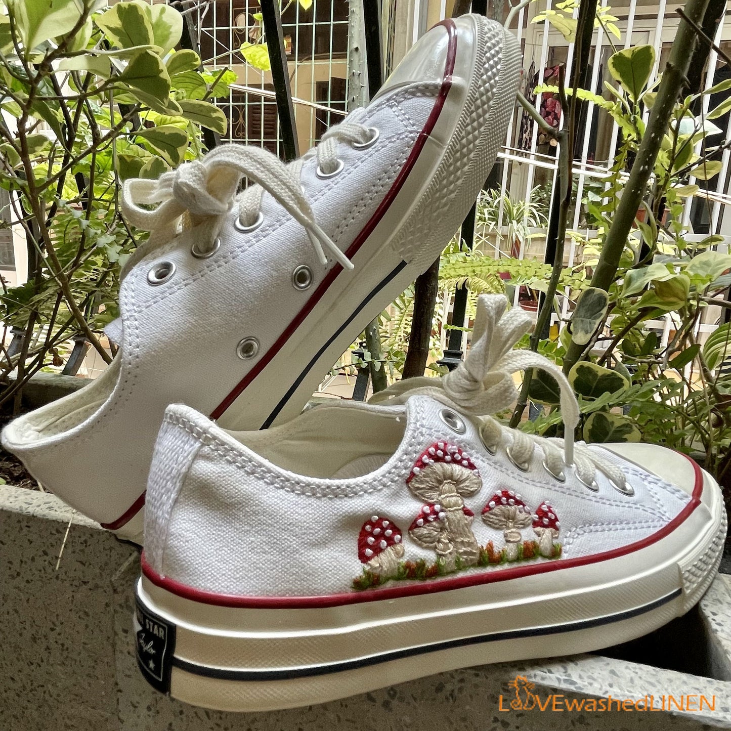 Embroidered Converse/ Custom Converse Chuck Taylor Embroidered Mushrooms/ Flowers Embroidered Converse Low Tops/ Mushrooms Embroidered Shoes