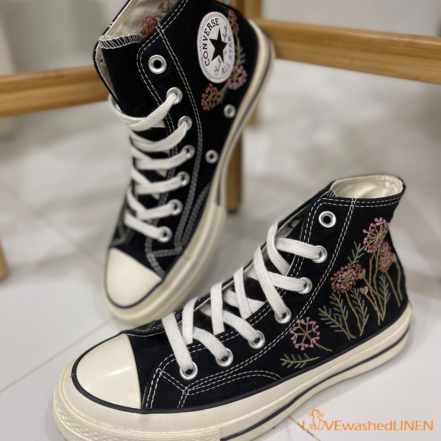 Custom Embroidered Converse/ Custom Converse Chuck Taylor Embroidered Pink Dandelion Flower/ Embroidered Converse High Tops