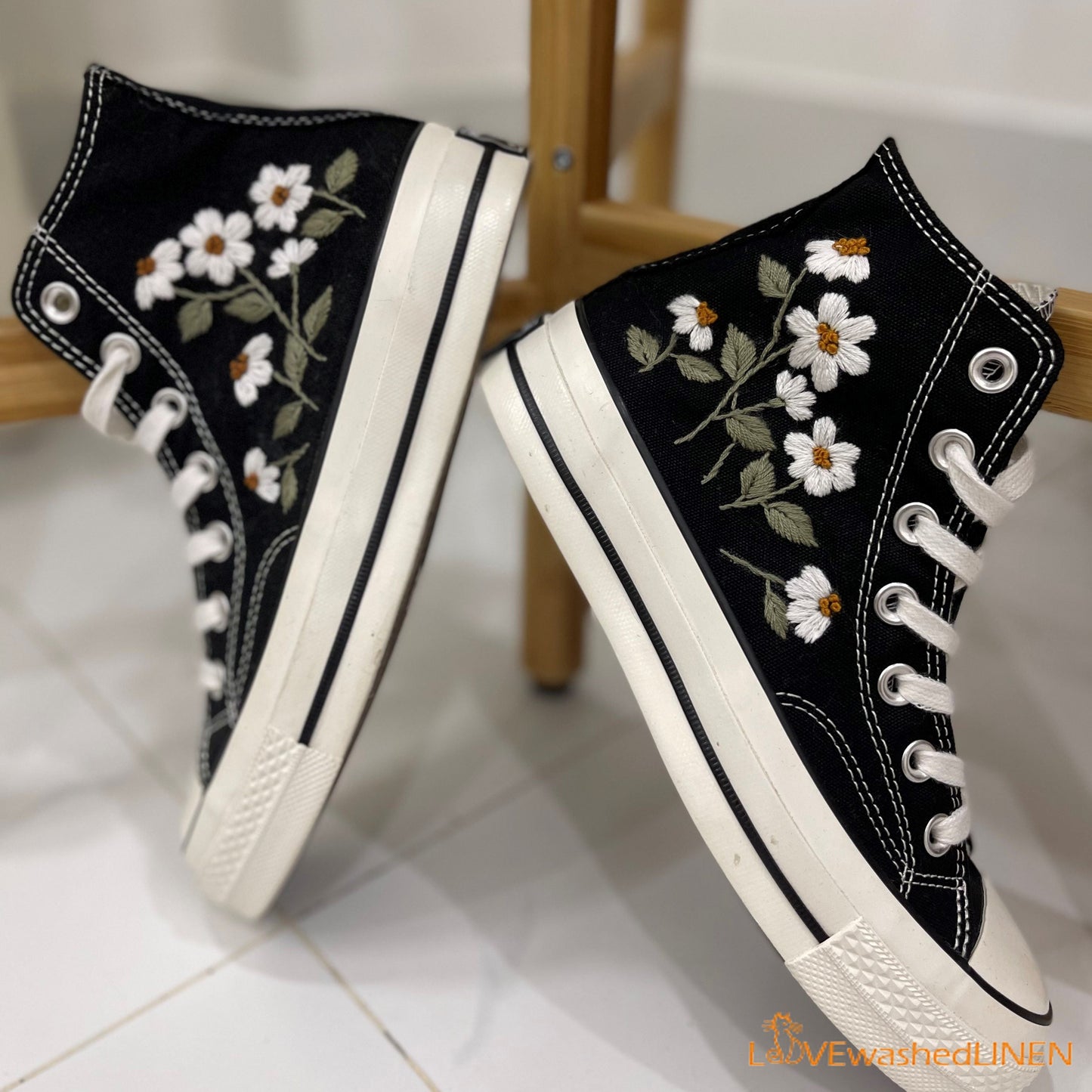 Custom Embroidered Converse High Tops/ Custom Converse Chuck Taylor 1970s Embroidered Daisy Flower/ Wedding sneakers/ Wedding Gift