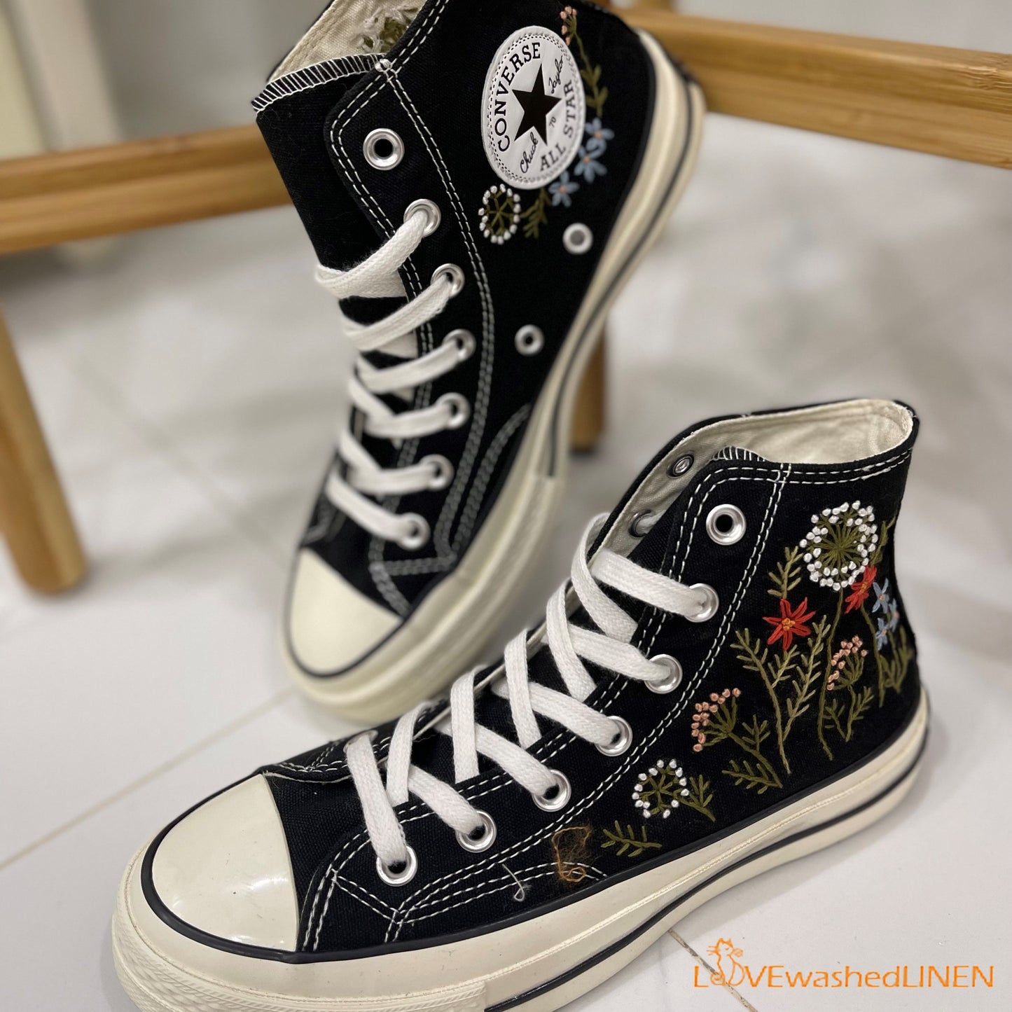 Custom Converse Chuck Taylor Embroidered Dandelion Flower/ Embroidered Converse Custom Wedding Flowers