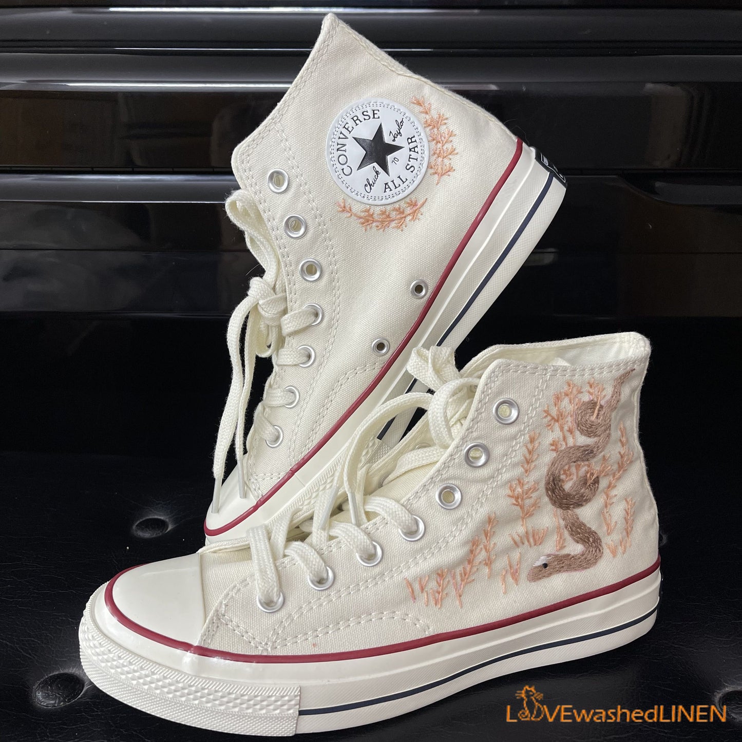 Custom Embroidered Converse High Tops Chuck Taylor 1970s/ Embroidered Snake Converse/ Custom Converse Chuck Taylor Embroidered Snake