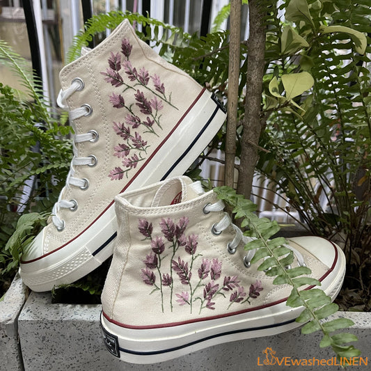 Custom Embroidered Lavender Converse High Tops Chuck Taylor 1970s/ Custom Converse Chuck Taylor Embroidered Lavender Sneaker