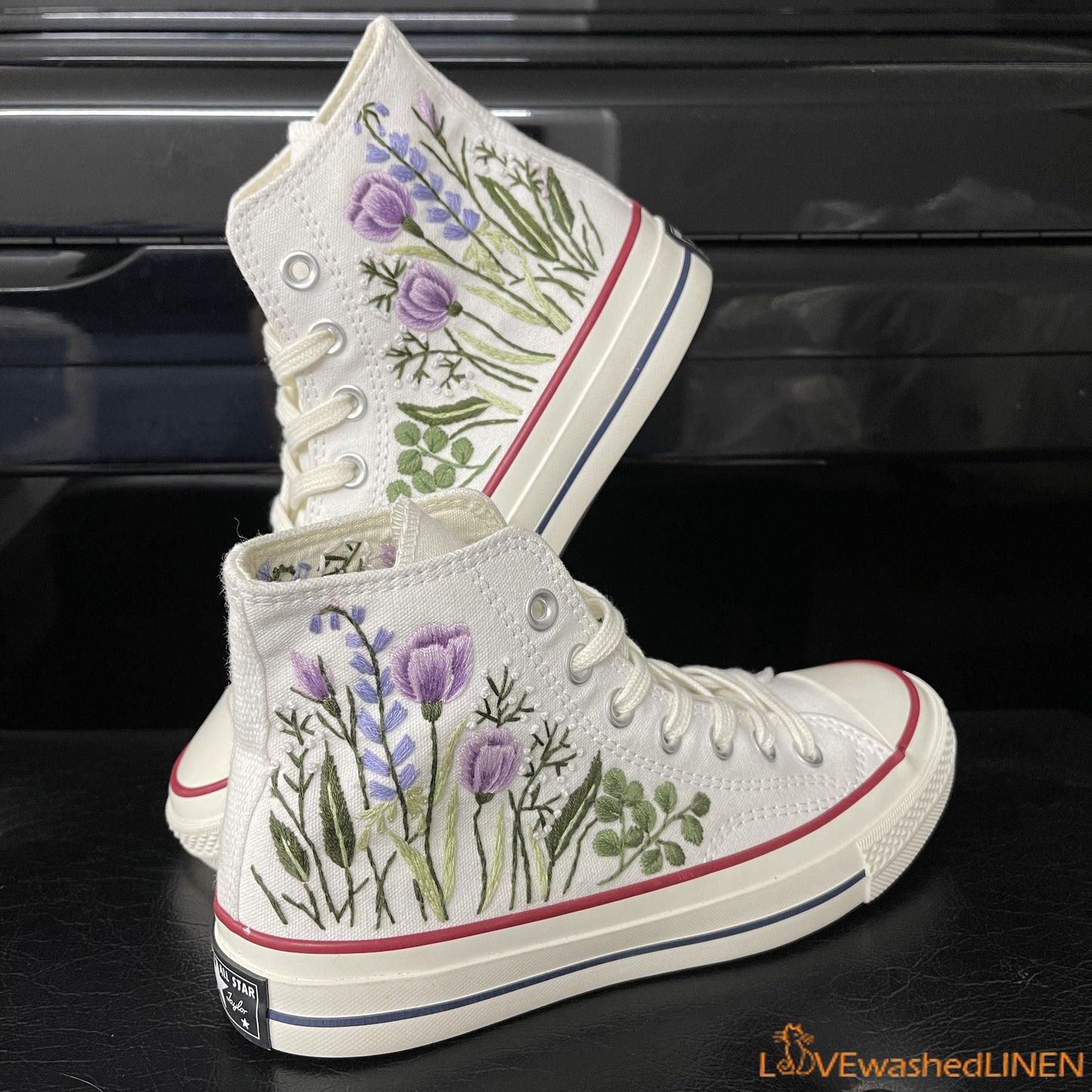 Custom Embroidered Converse High Tops Chuck Taylor 1970s/ Hand Embroidered Wedding Bouquet Converse/ Embroidered Wedding Bouquet Sneakers