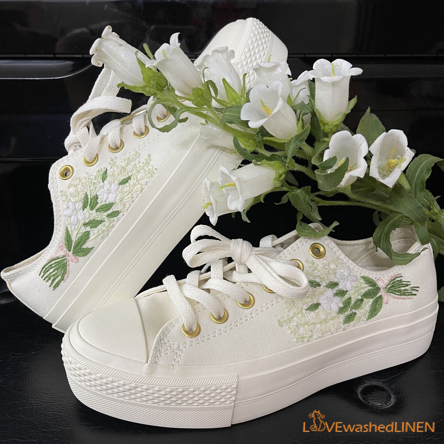 Custom Coverse Platform/Wedding Flowers Embroidered Converse/Bridal Flowers Embroidered Sneakers/ Lily of the Valley Embroidered Sneakers