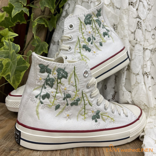 Custom Coverse Platform/Wedding Flowers Embroidered Converse/Bridal Flowers Embroidered Sneakers/Lily of the Valley Embroidered Sneakers