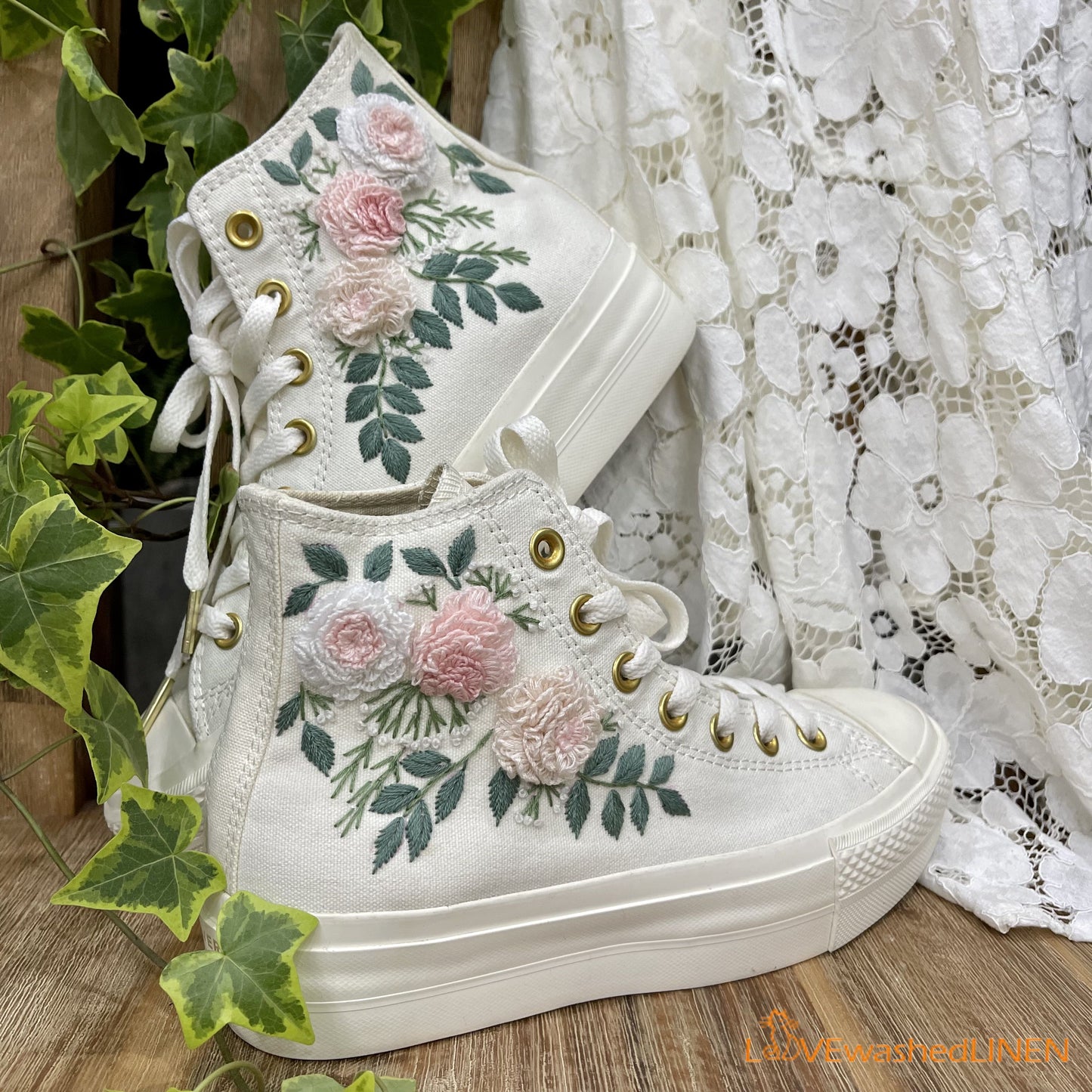 Custom Coverse Platform/Wedding Flowers Embroidered Converse/Bridal Flowers Embroidered Sneakers/Wedding English Roses Embroidered Sneakers