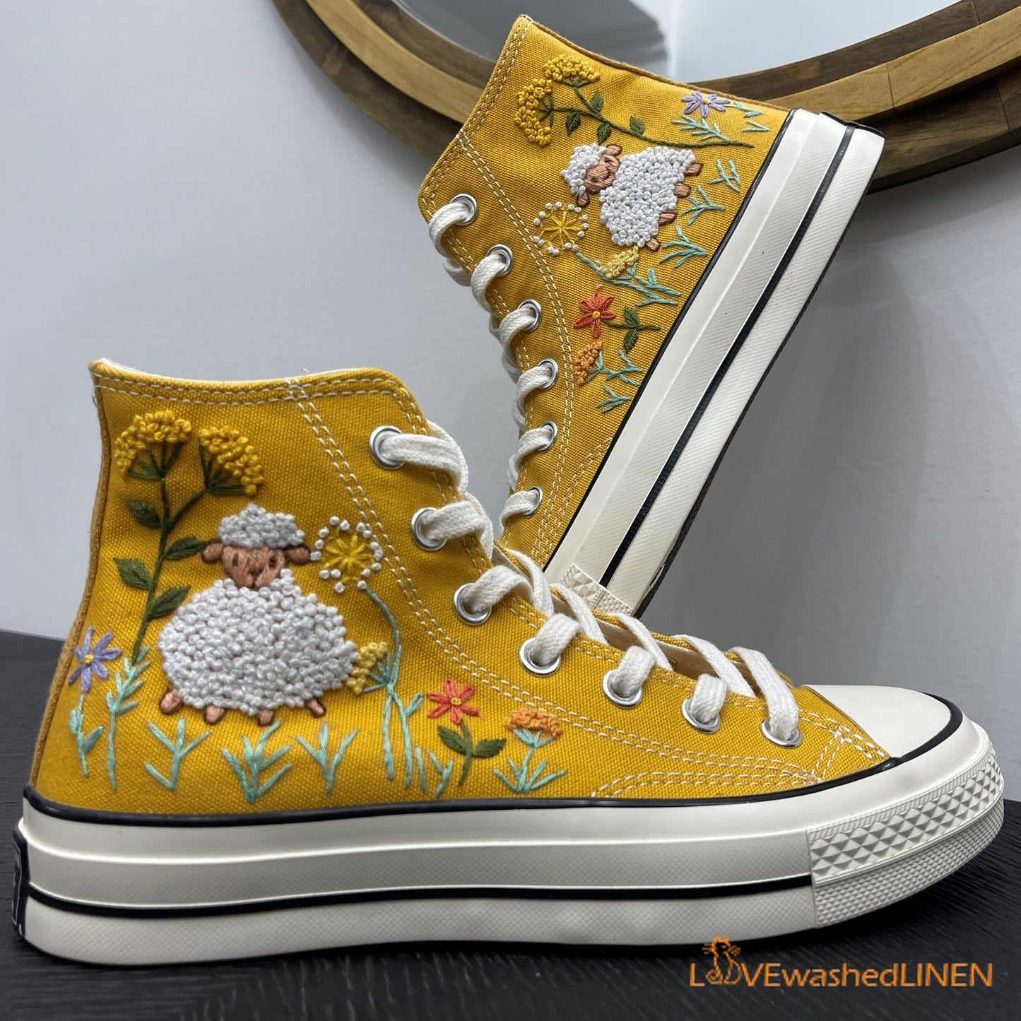 Custom Converse Chuck Taylor Sheep and Flowers Embroidered Shoes/ Embroidered Converse Custom Wedding Flowers