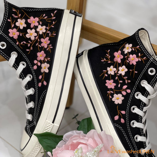 Custom Embroidered Converse High Tops Chuck Taylor 1970s/ Oriental Plum Blossom Converse/ Custom Converse Chuck Taylor Blossom Embroidered