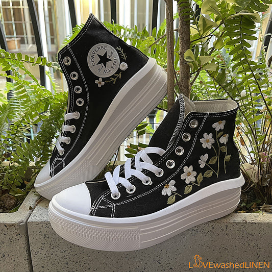 Custom Converse Chuck Taylor All Star Move Platform/ Custom Converse Embroidered Daisy Flower/ Embroidered Platform Sneakers