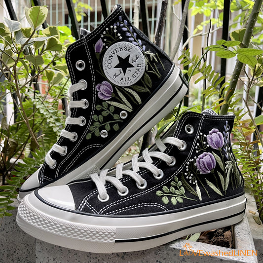 Custom Embroidered Converse High Tops Chuck Taylor 1970s/ Hand Embroidered Wedding Bouquet Converse/ Embroidered Wedding Bouquet Sneakers