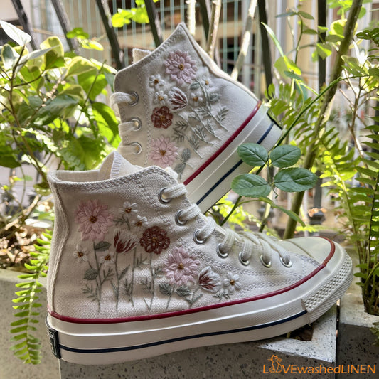 Custom Embroidered Converse High Tops Chuck Taylor 1970s/ Wedding Dahlia Flower Embroidered Converse/Wedding Embroidered Dahlia Sneakers