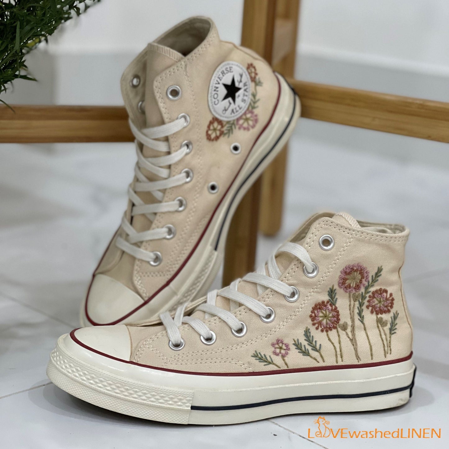 Custom Embroidered Converse/ Custom Converse Chuck Taylor Embroidered Pink Dandelion Flower/ Embroidered Converse High Tops