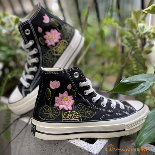 Custom Converse Chuck Taylor Embroidered Pink Lotus Flower/ Embroidered Converse Custom Wedding Flowers