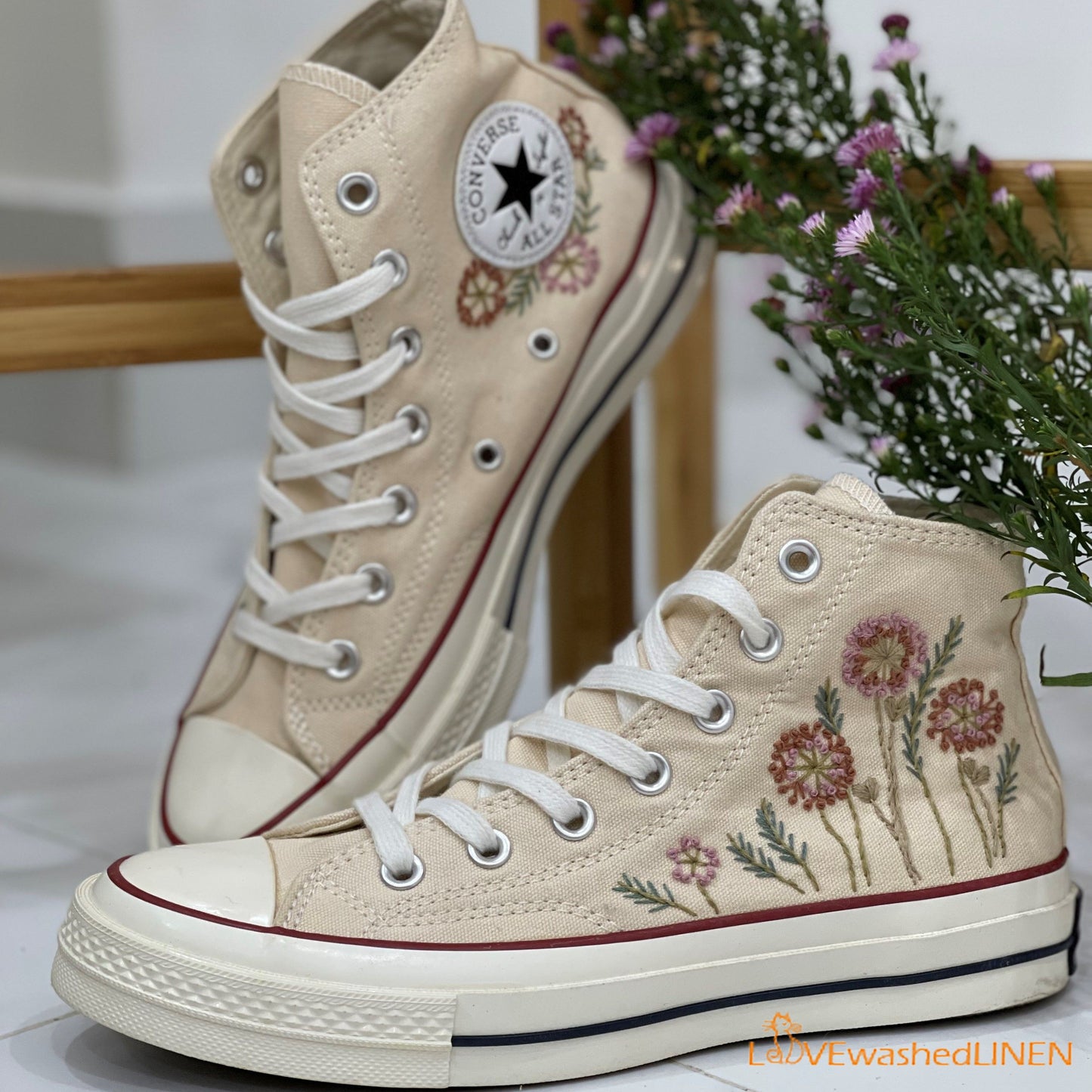 Custom Embroidered Converse/ Custom Converse Chuck Taylor Embroidered Pink Dandelion Flower/ Embroidered Converse High Tops