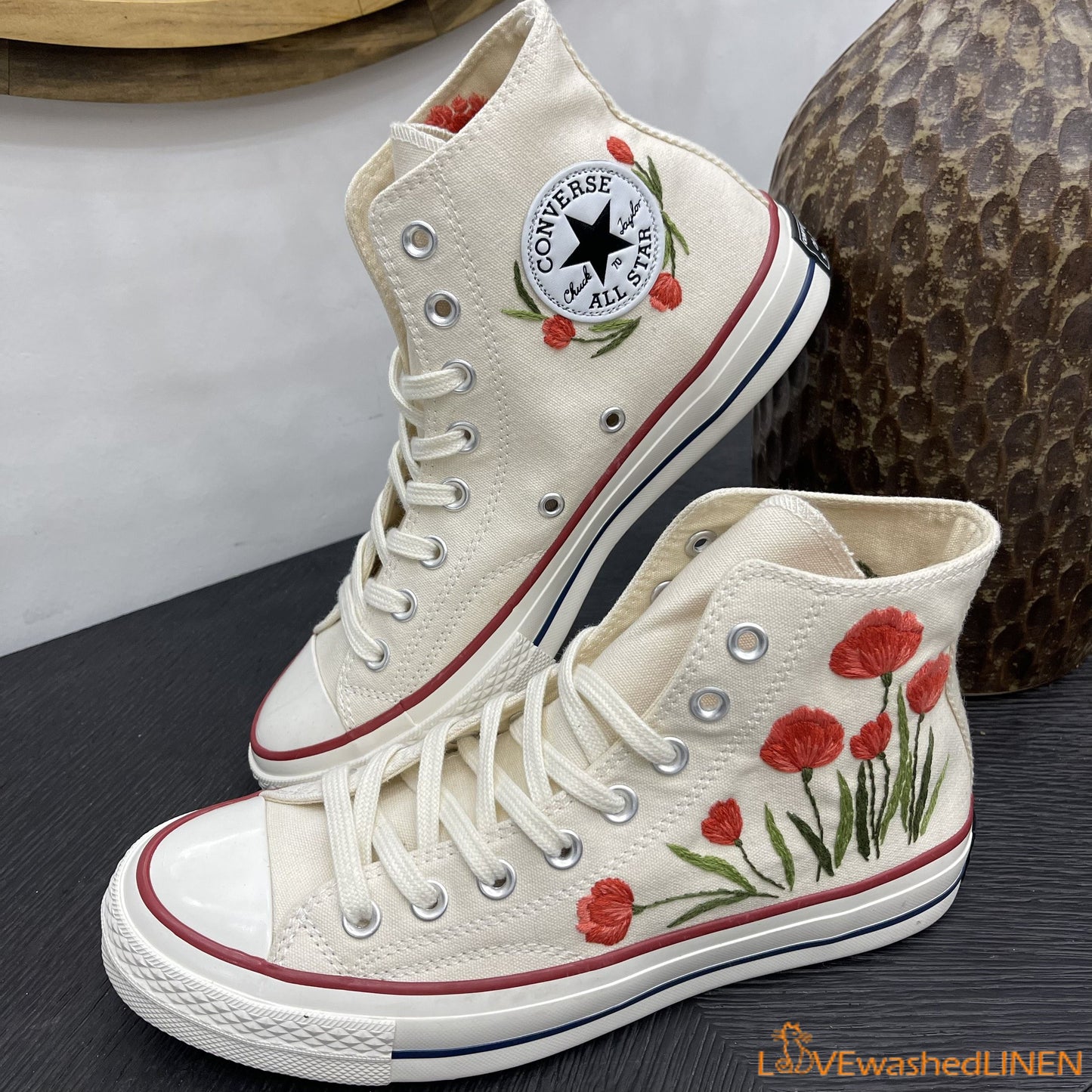 Custom Embroidered Converse High Tops Chuck Taylor 1970s/ Wedding Hand Embroidered Poppies Converse/ Embroidered Pooppies Flowers Sneakers