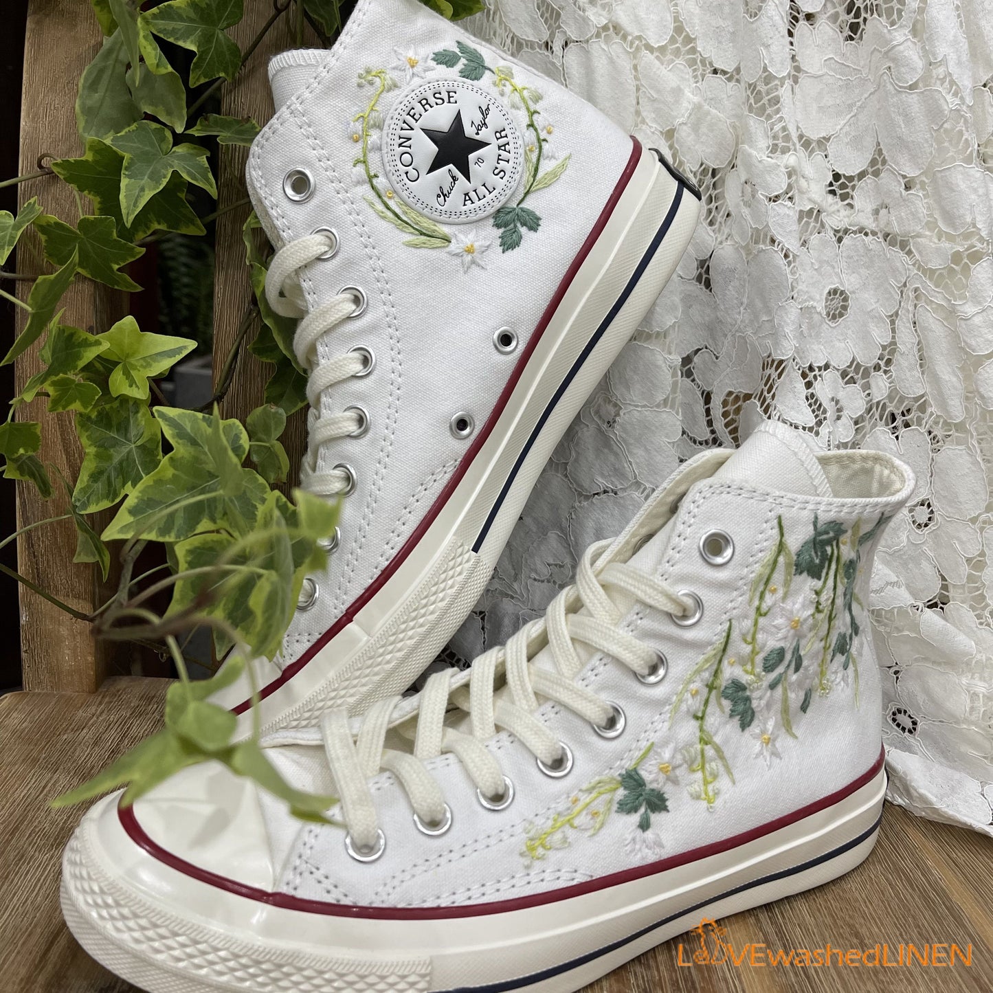 Custom Coverse Platform/Wedding Flowers Embroidered Converse/Bridal Flowers Embroidered Sneakers/Lily of the Valley Embroidered Sneakers