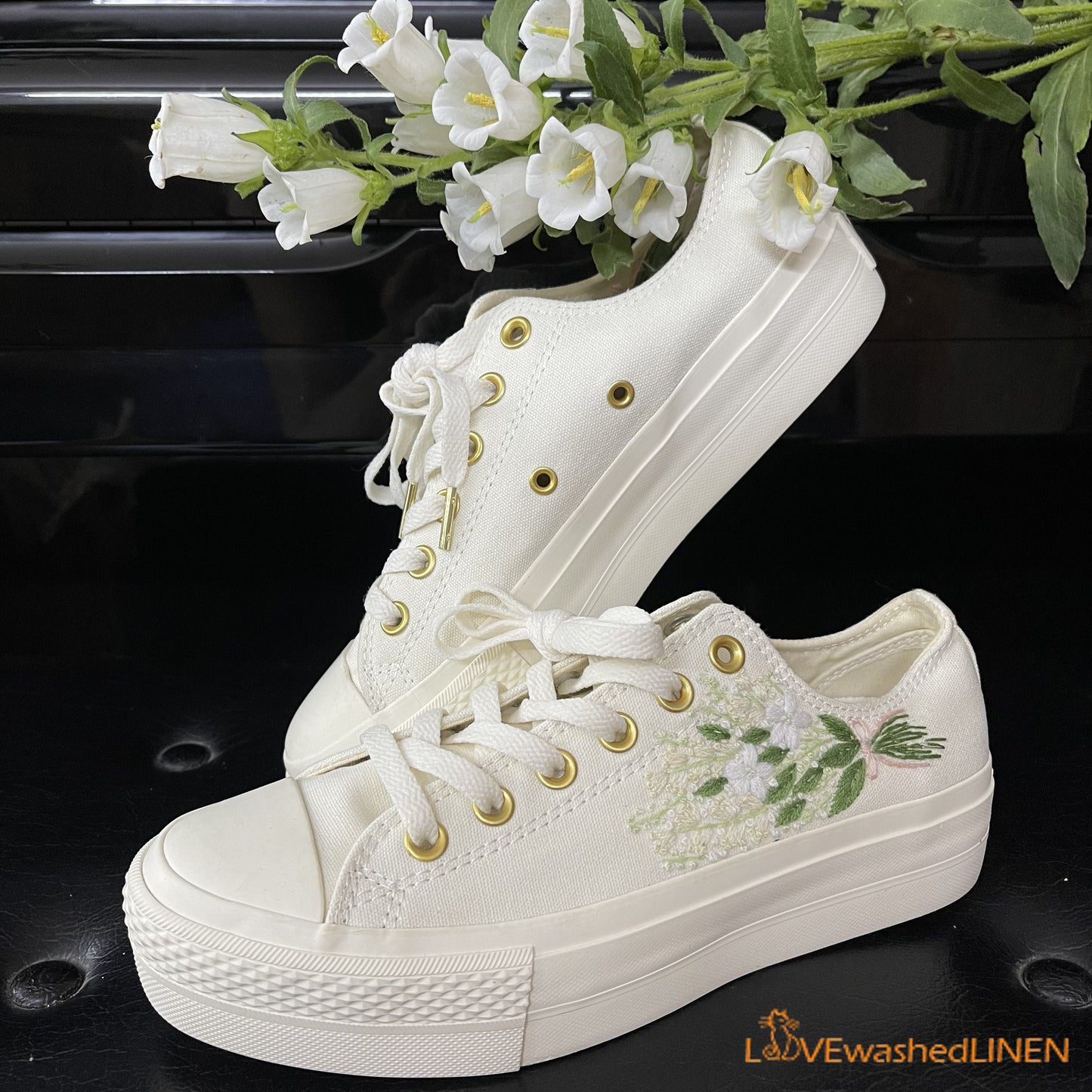 Custom Coverse Platform/ Wedding Flowers Embroidered Converse/ Bridal Flowers Embroidered Sneakers/ Lily of the Valley Embroidered Sneakers