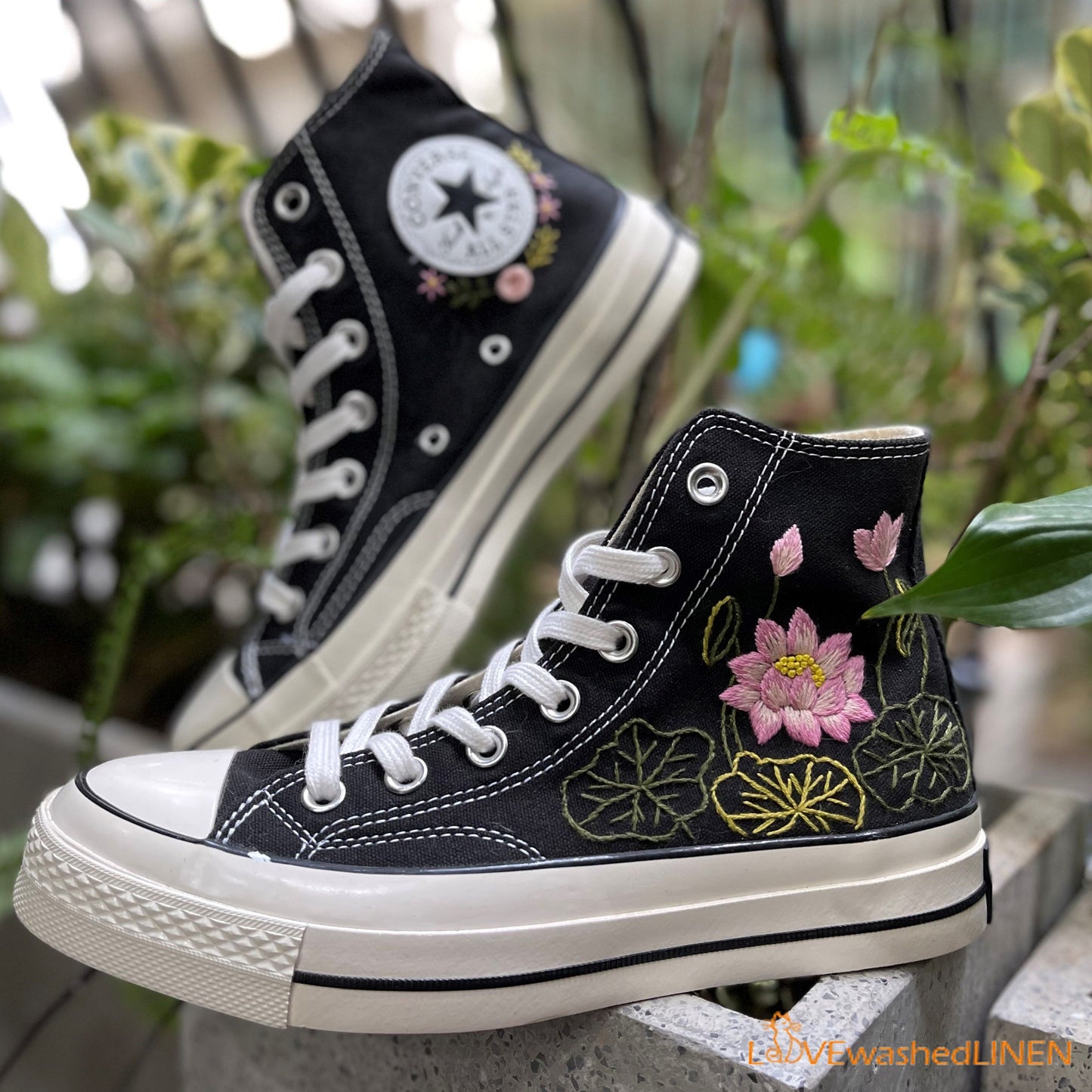 Custom Converse Chuck Taylor Embroidered Pink Lotus Flower/ Embroidered Converse Custom Wedding Flowers