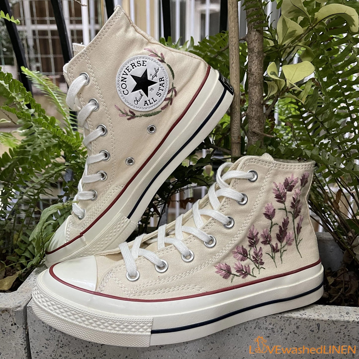 Custom Embroidered Lavender Converse High Tops Chuck Taylor 1970s/ Custom Converse Chuck Taylor Embroidered Lavender Sneaker