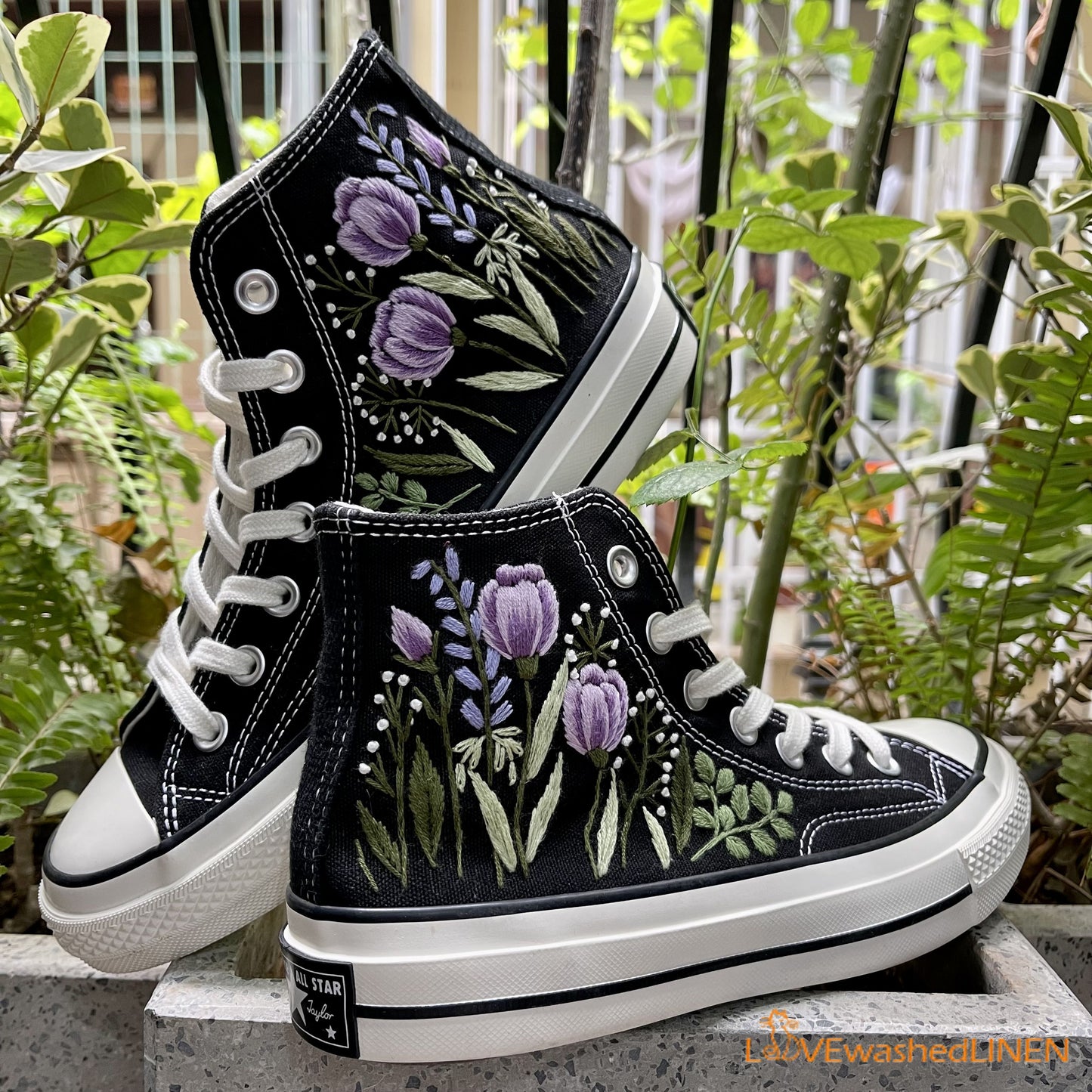 Custom Embroidered Converse High Tops Chuck Taylor 1970s/ Hand Embroidered Wedding Bouquet Converse/ Embroidered Wedding Bouquet Sneakers