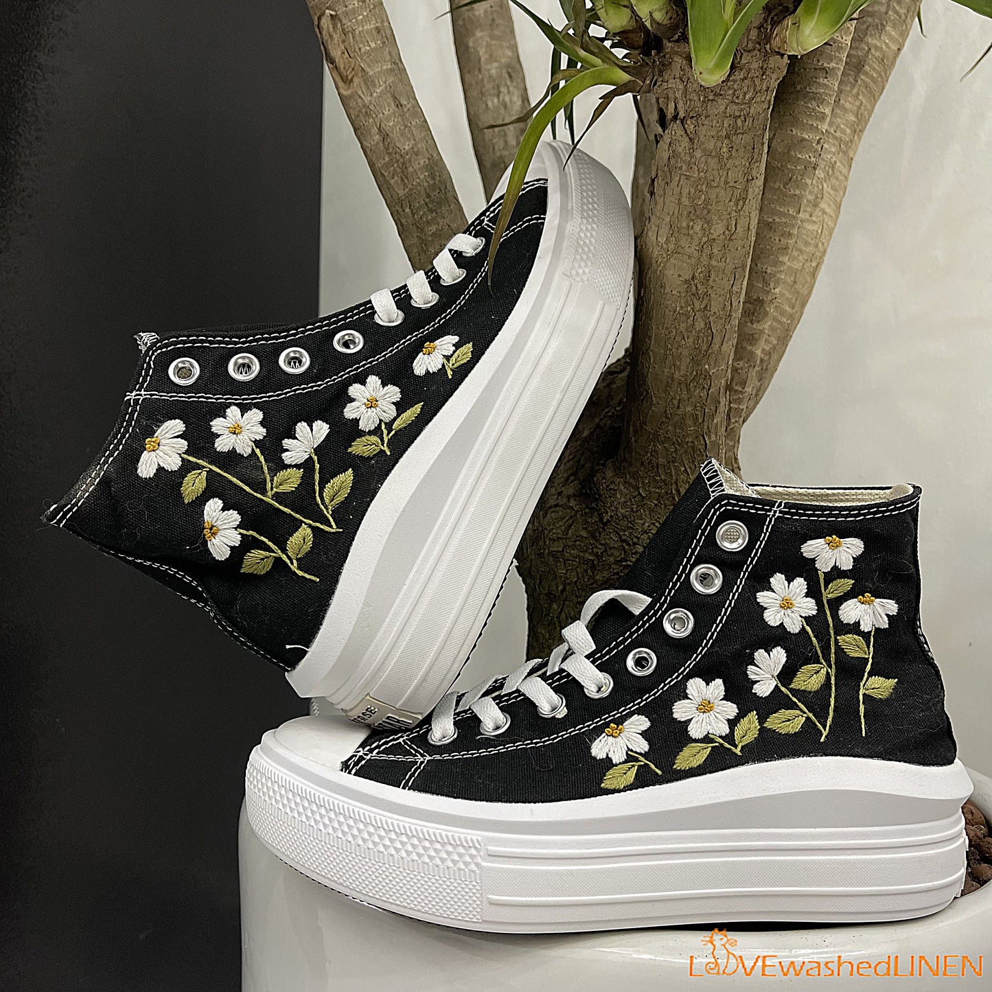 Custom Converse Chuck Taylor All Star Move Platform/ Custom Converse Embroidered Daisy Flower/ Embroidered Platform Sneakers