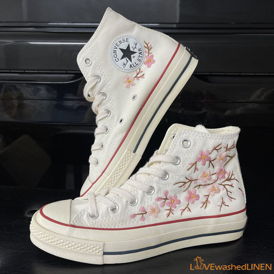 Custom Embroidered Converse High Tops Chuck Taylor 1970s/ Oriental Blossom Converse/ Custom Blossom Embroidered Converse Chuck Taylor