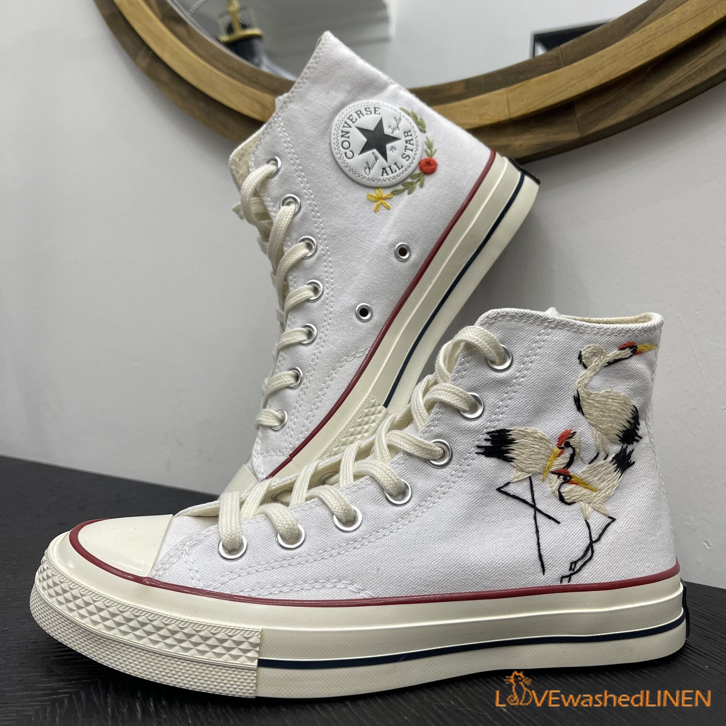 Custom Converse Chuck Taylor Embroidered Red-crowned Cranes Converse/ Embroidered Converse Custom /Wedding Embroidered Shoes