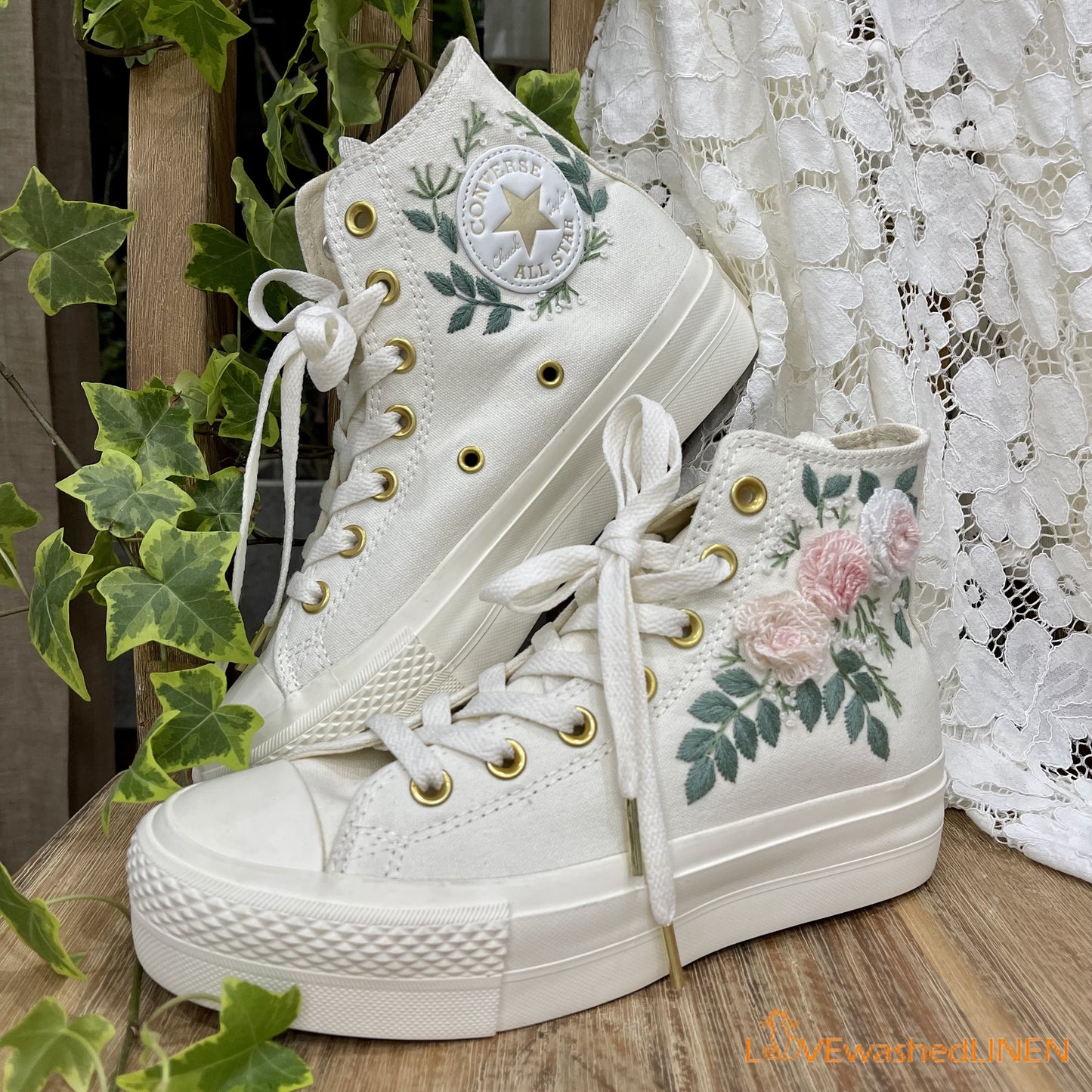 Custom Coverse Platform/Wedding Flowers Embroidered Converse/Bridal Flowers Embroidered Sneakers/Wedding English Roses Embroidered Sneakers