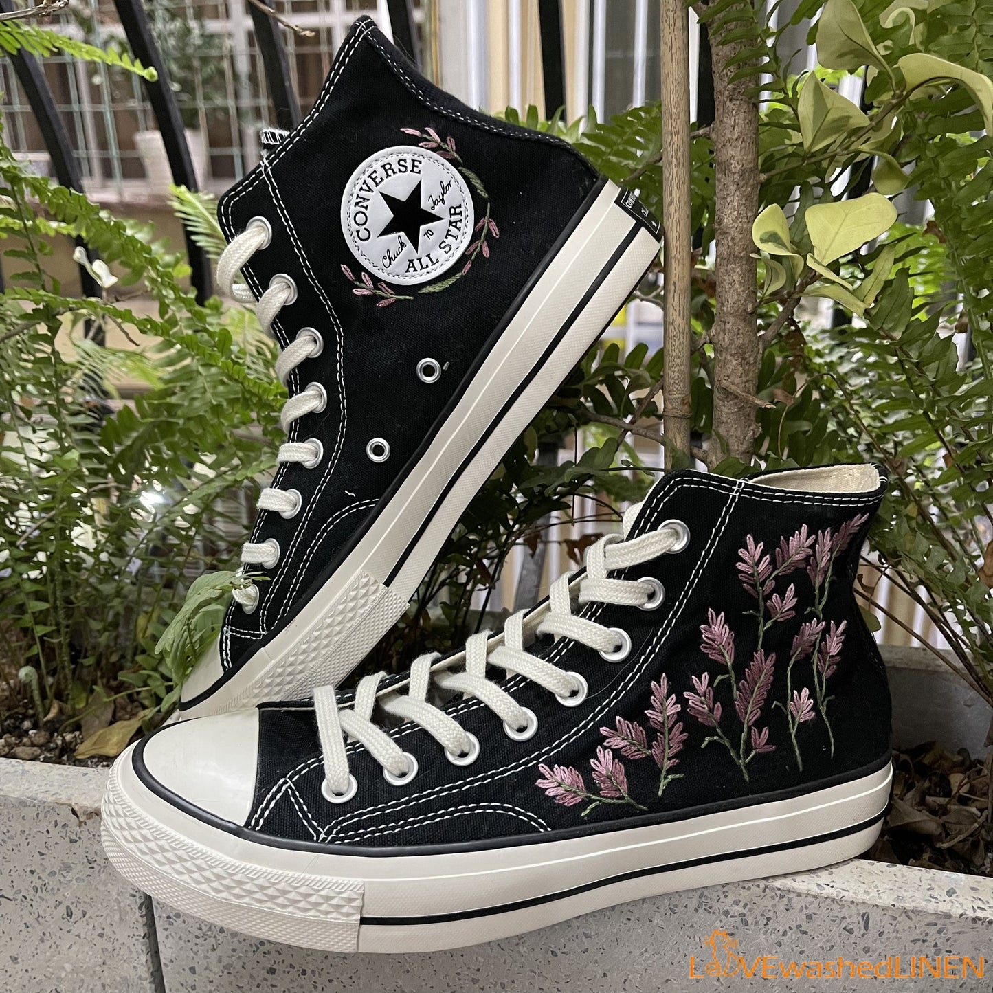 Custom Embroidered Lavender Converse High Tops Chuck Taylor 1970s/ Custom Converse Chuck Taylor Embroidered Lavender Sneakers